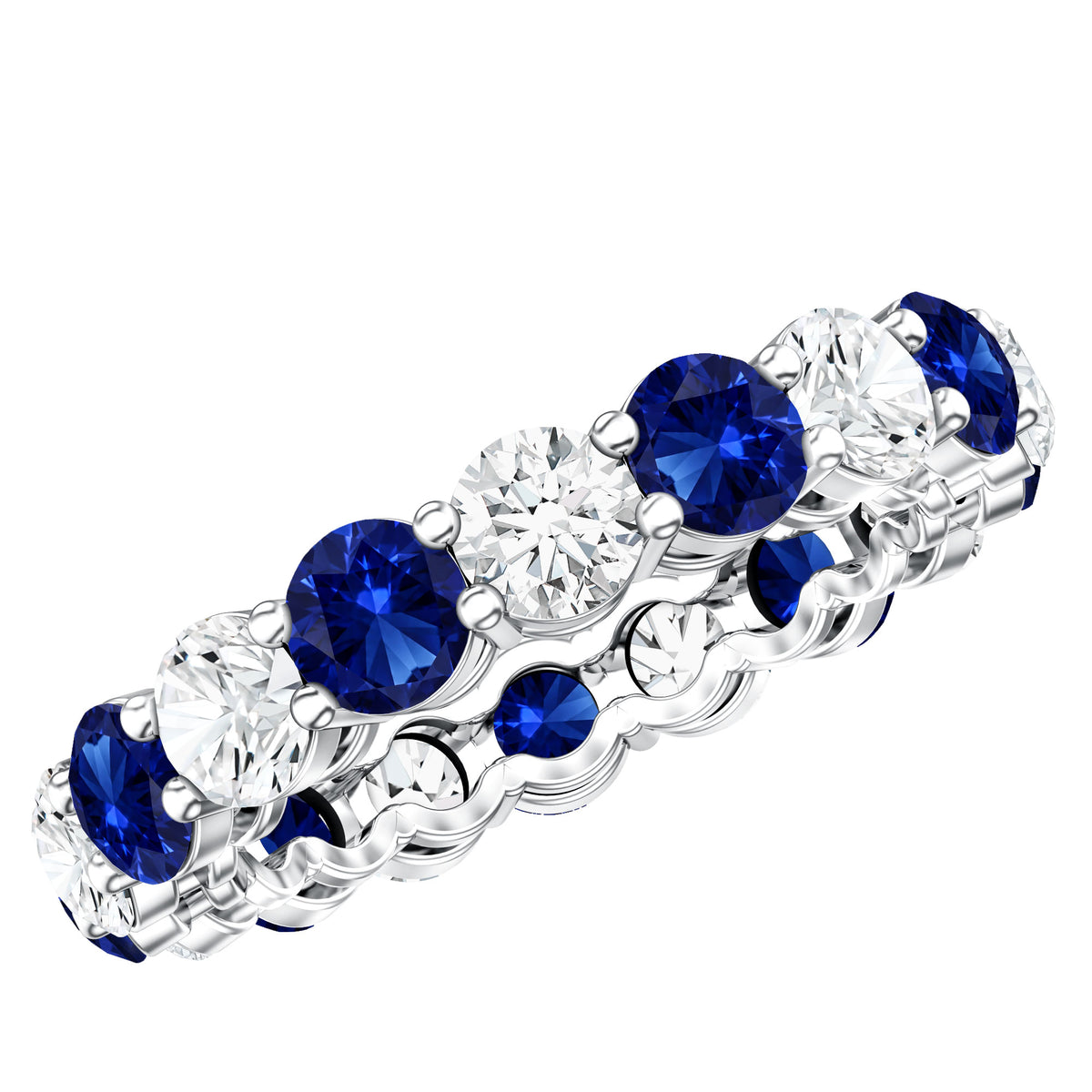 Certified Round Lab Grown Blue Sapphire Eternity Band Ring with Moissanite AAAA - Rosec Jewels