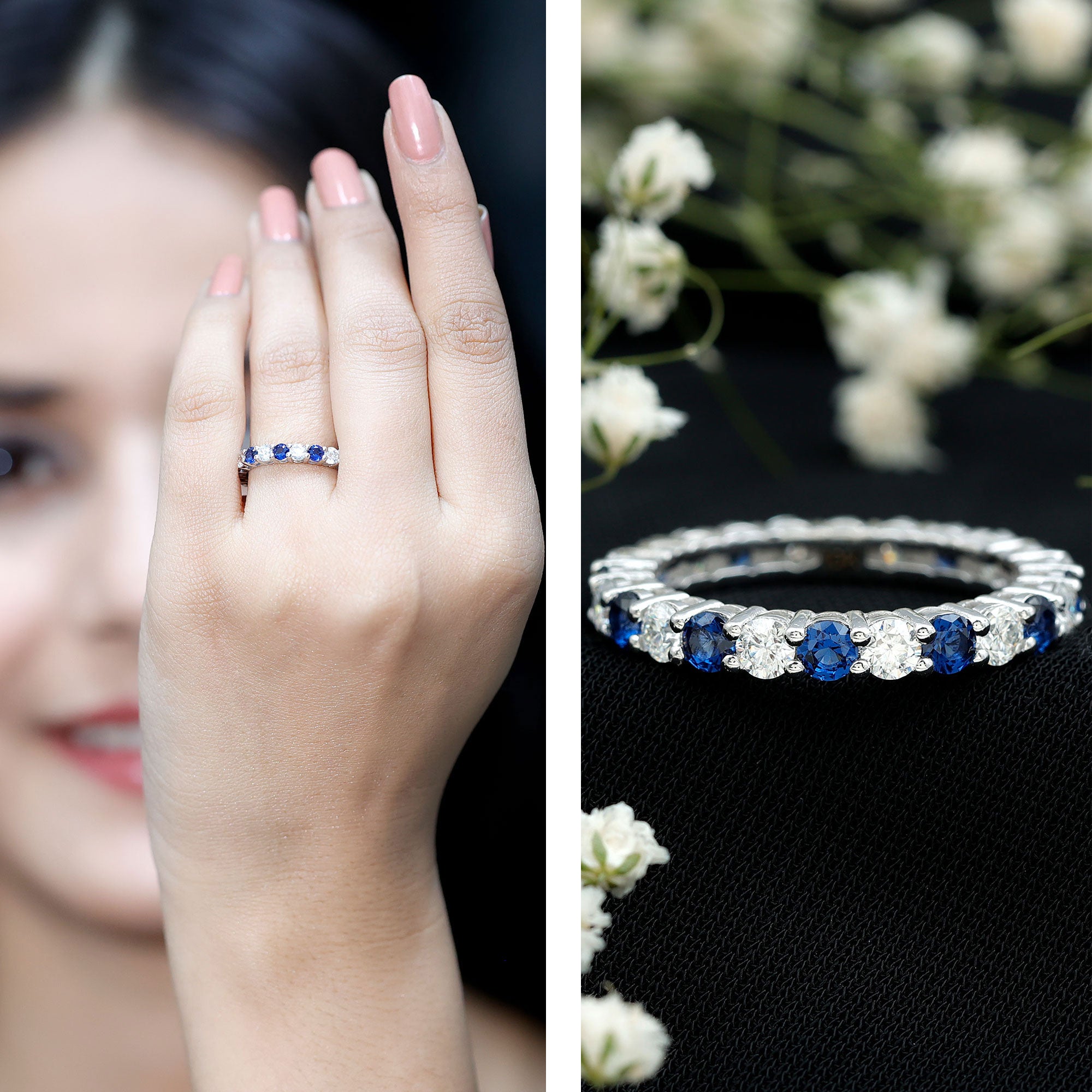 Certified Round Lab Grown Blue Sapphire Eternity Band Ring with Moissanite AAAA - Rosec Jewels