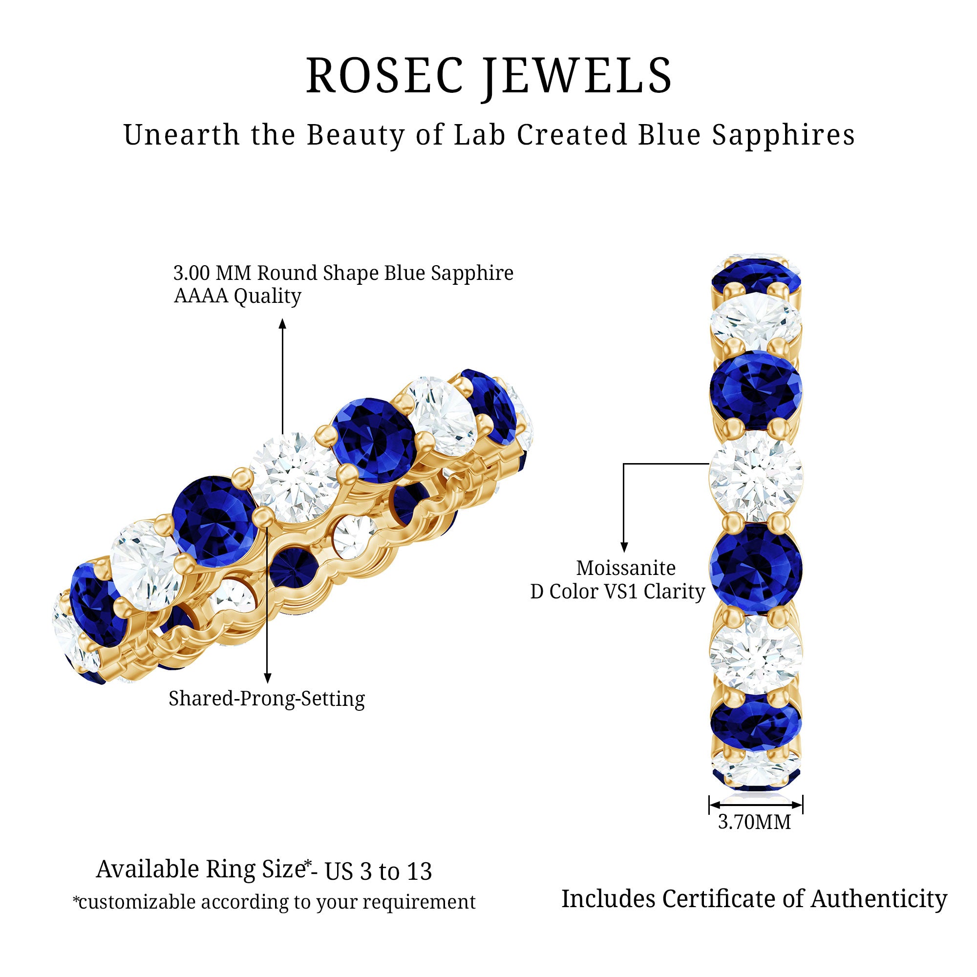 Certified Round Lab Grown Blue Sapphire Eternity Band Ring with Moissanite AAAA - Rosec Jewels