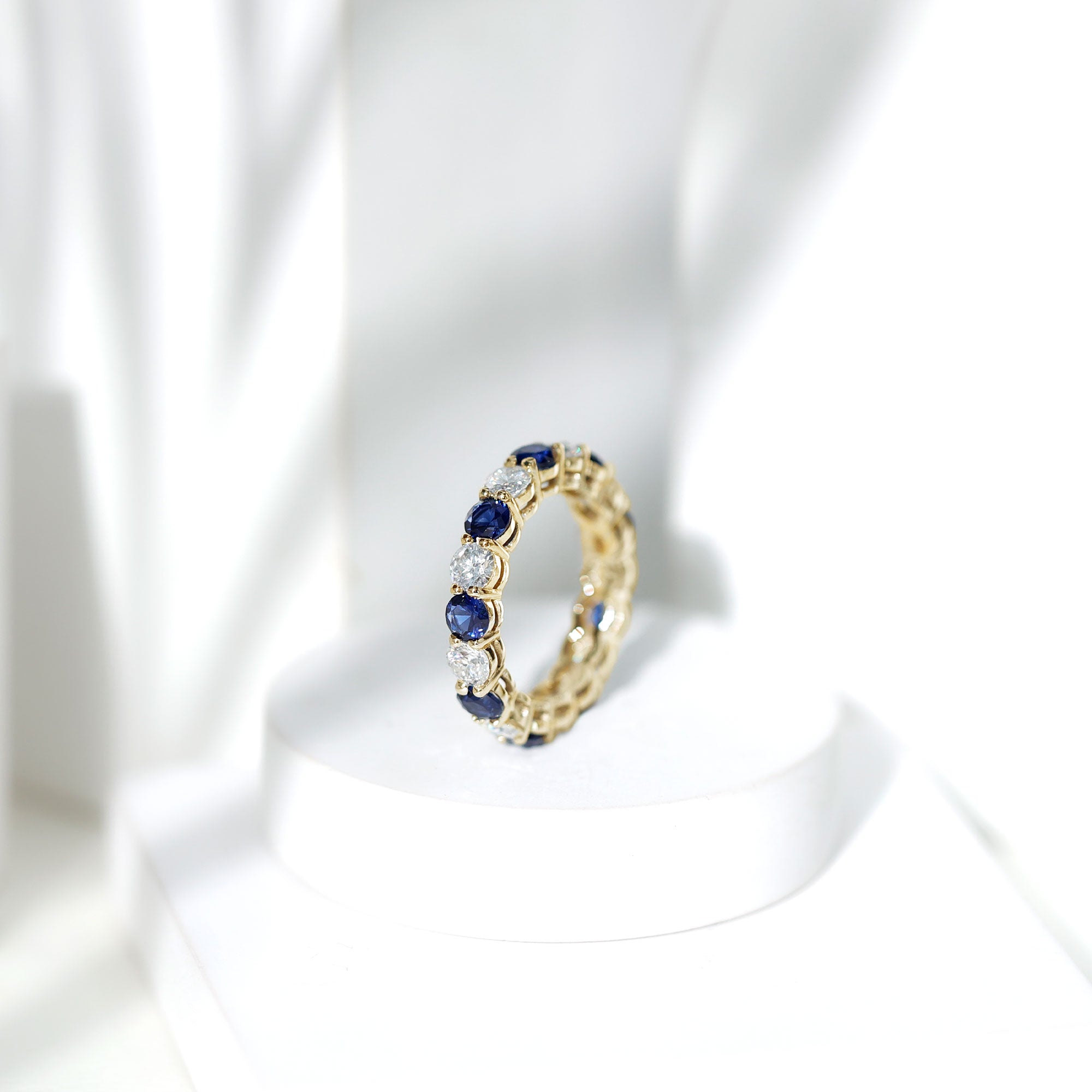 Certified Round Lab Grown Blue Sapphire Eternity Band Ring with Moissanite AAAA - Rosec Jewels