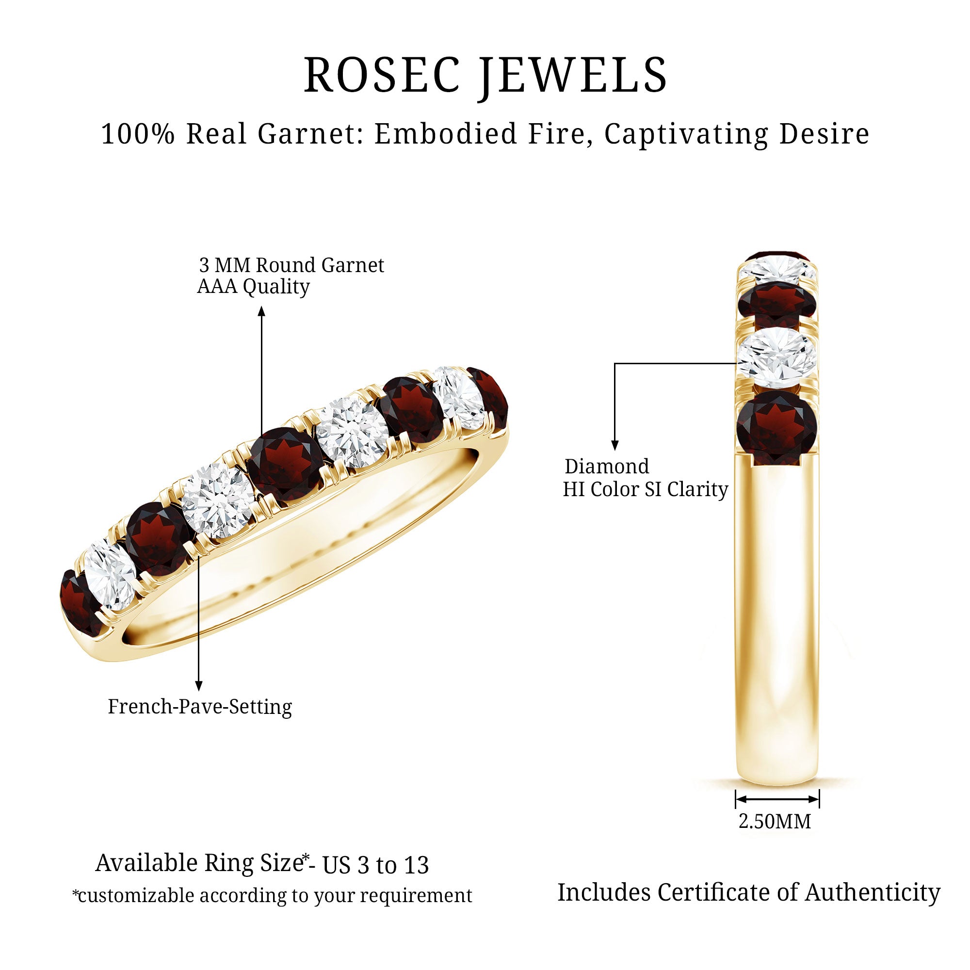 Genuine Garnet Diamond Half Eternity Wedding Ring AAA - Rosec Jewels