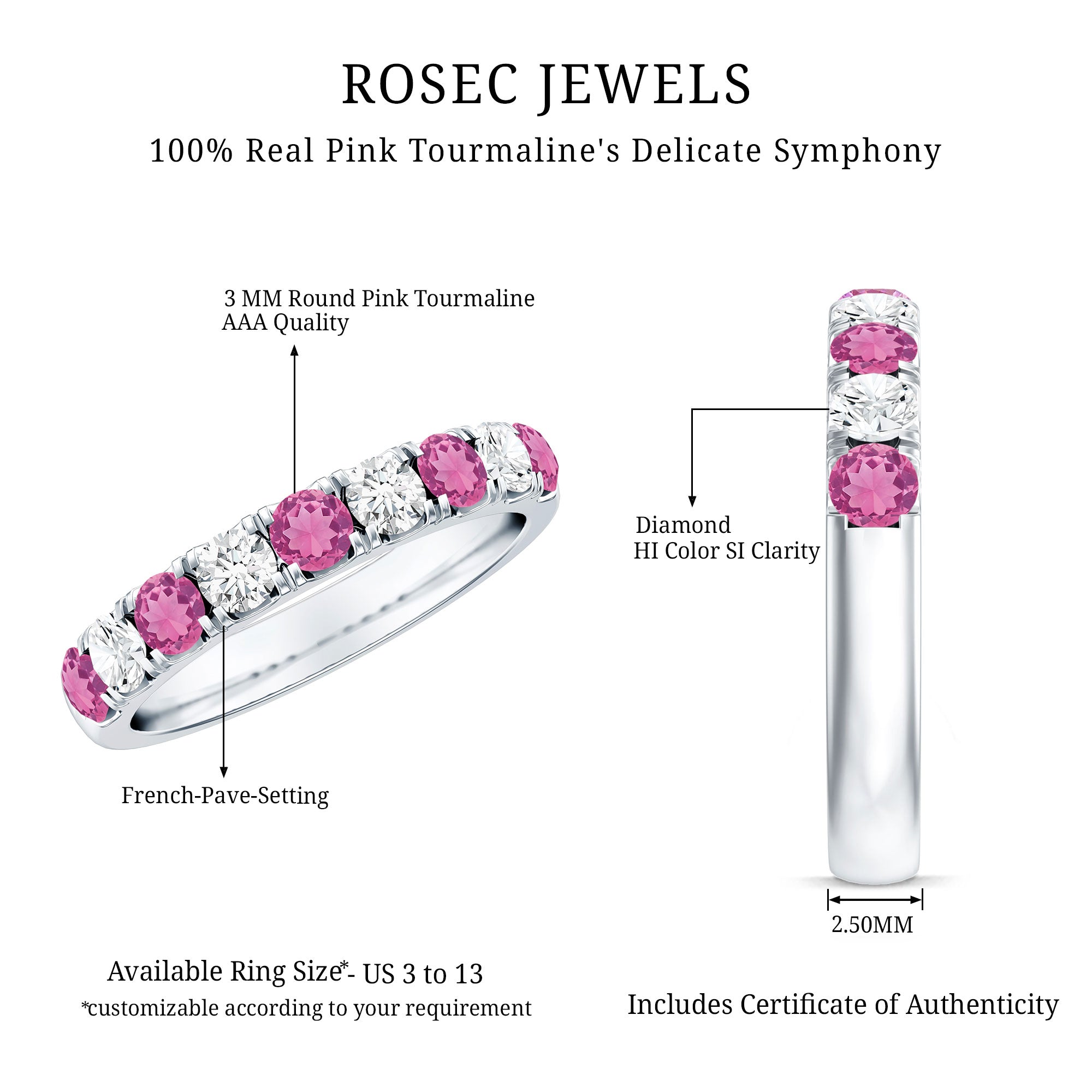 Natural Pink Tourmaline and Diamond Wedding Band Ring AAA - Rosec Jewels