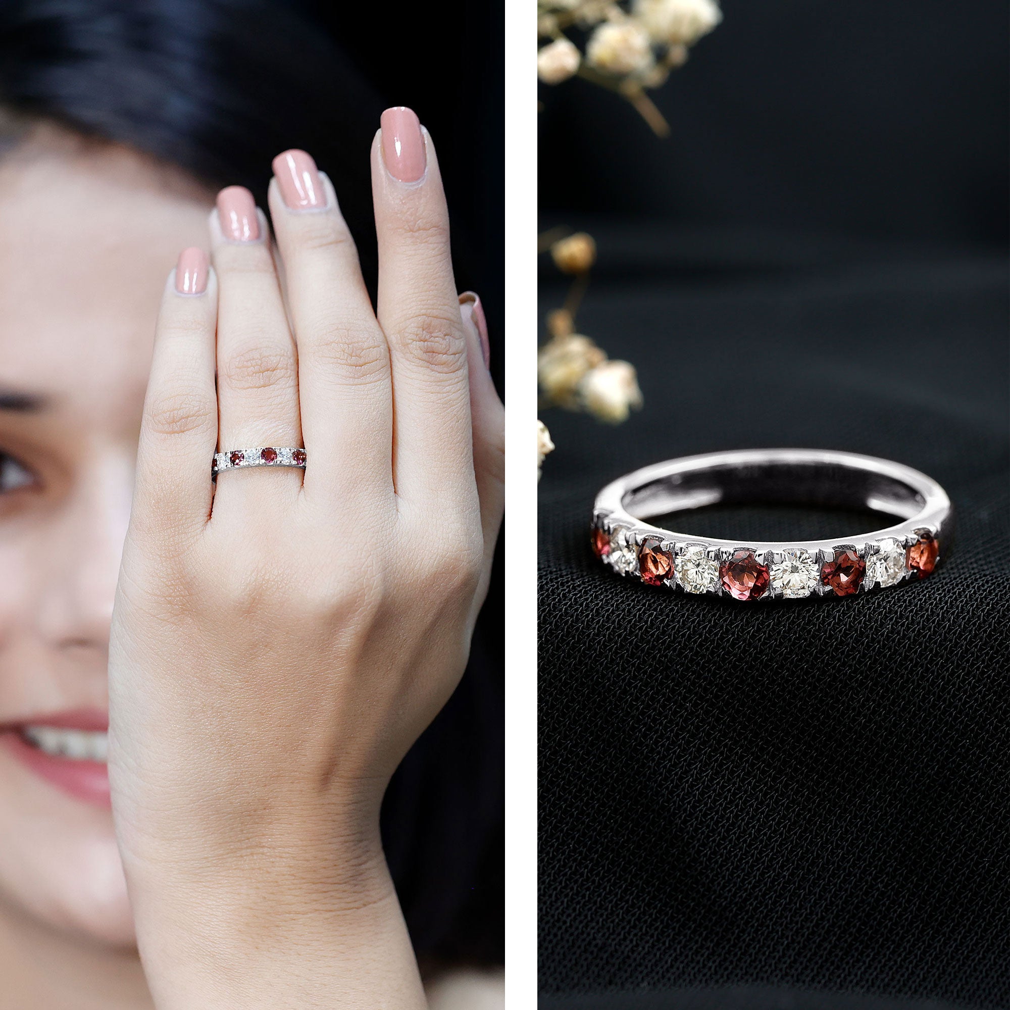 Natural Pink Tourmaline and Diamond Wedding Band Ring AAA - Rosec Jewels