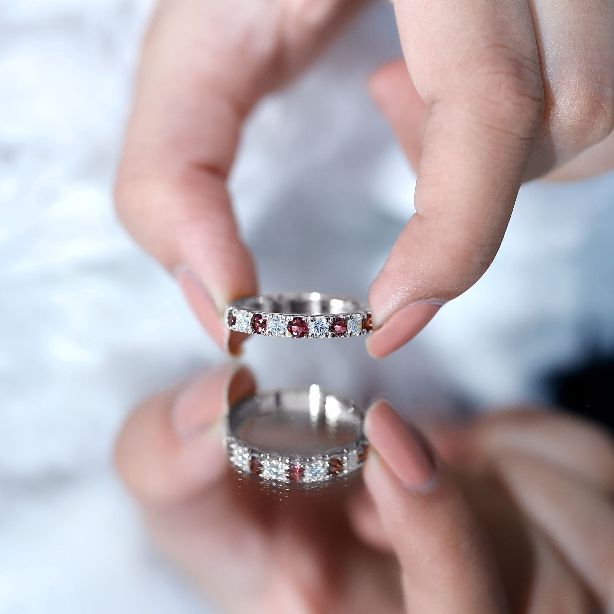 Natural Pink Tourmaline and Diamond Wedding Band Ring AAA - Rosec Jewels