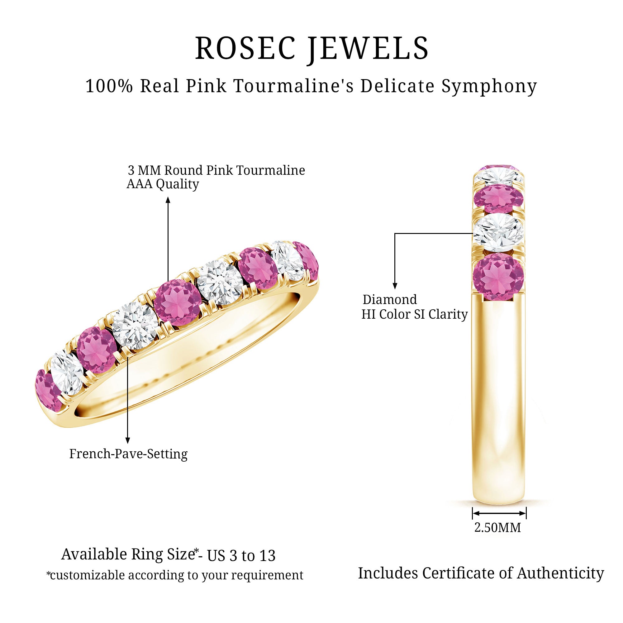Natural Pink Tourmaline and Diamond Wedding Band Ring AAA - Rosec Jewels