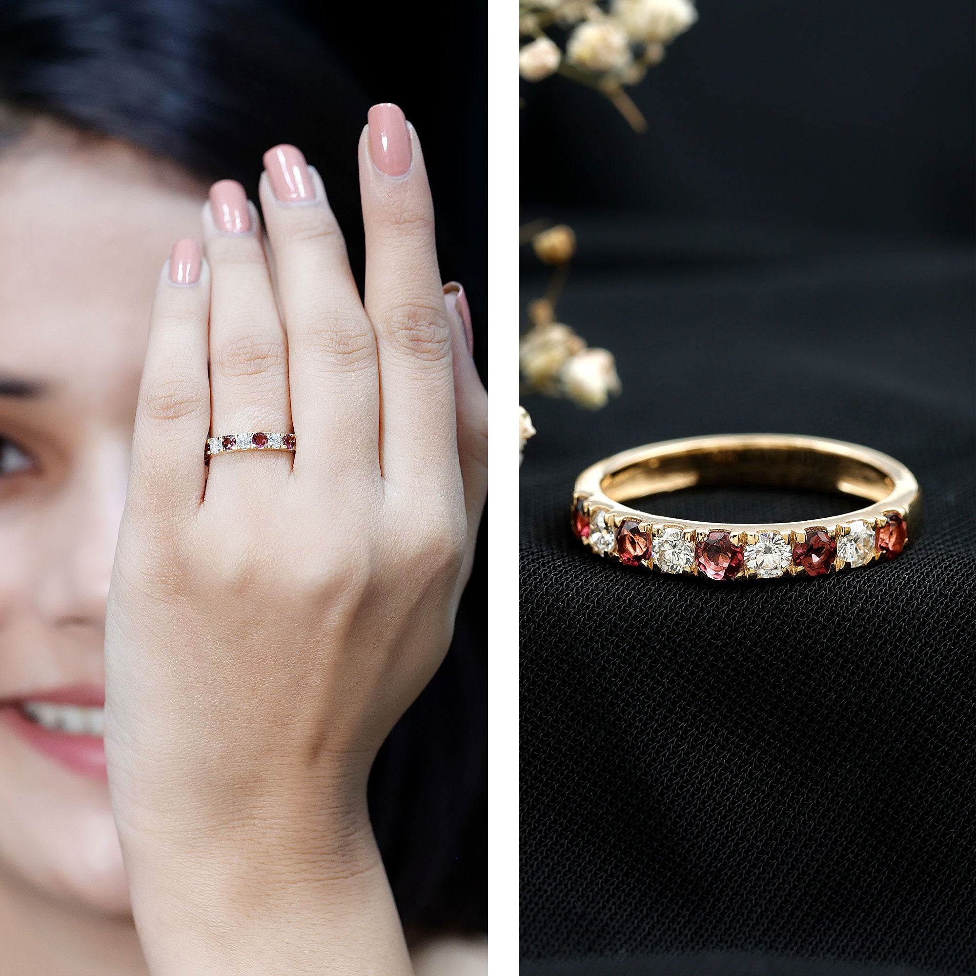 Natural Pink Tourmaline and Diamond Wedding Band Ring AAA - Rosec Jewels