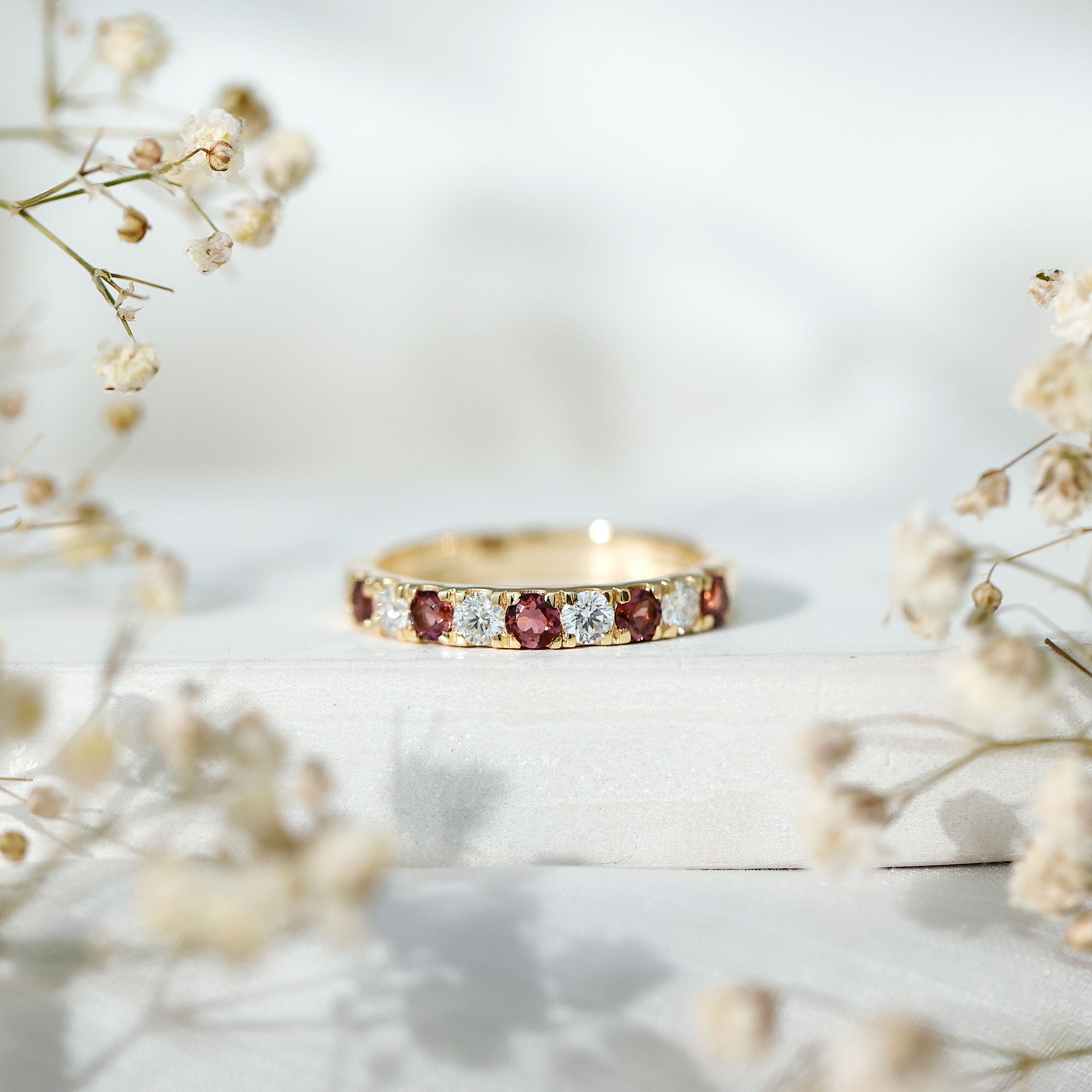 Natural Pink Tourmaline and Diamond Wedding Band Ring AAA - Rosec Jewels
