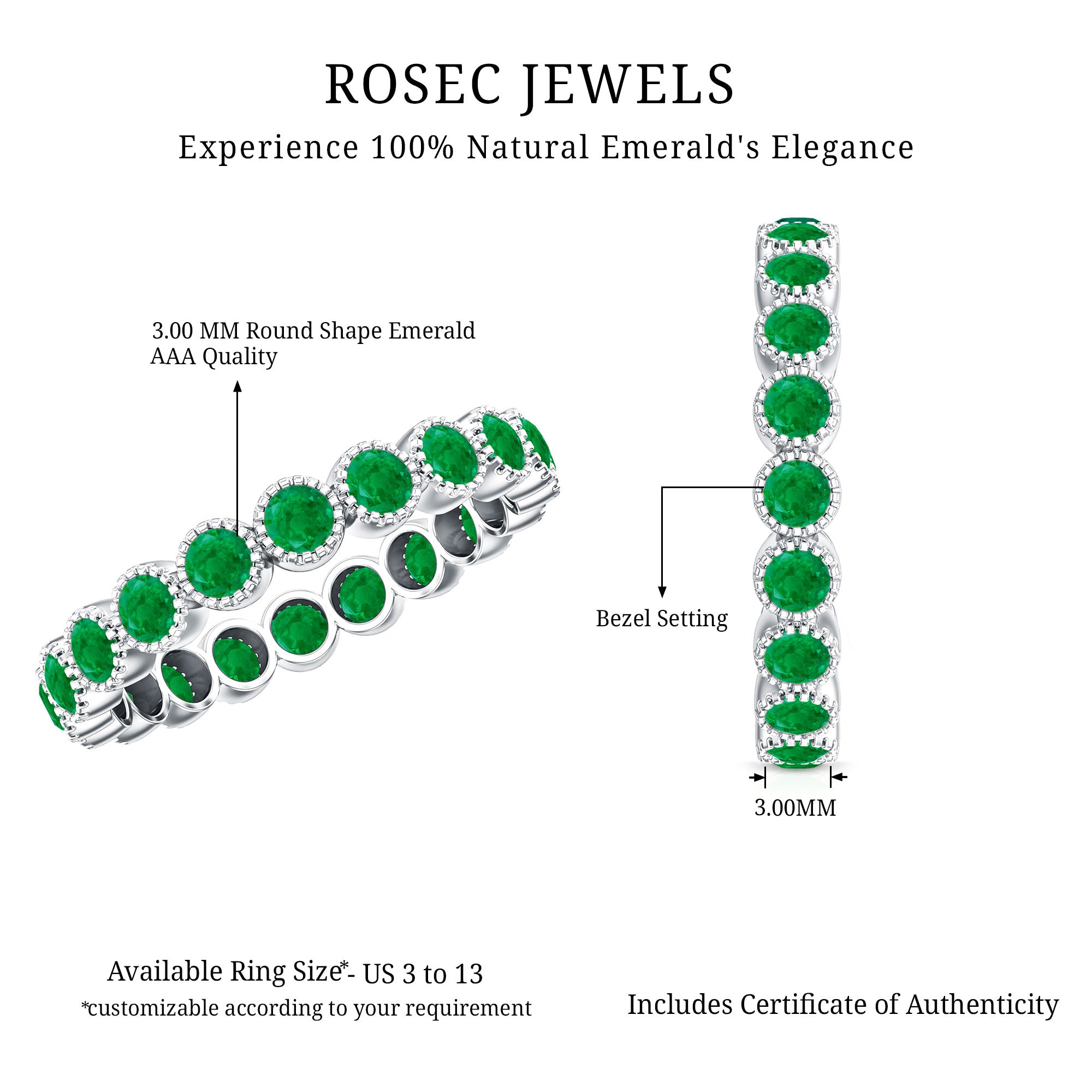 Milgrain Bezel Set Round Emerald Eternity Wedding Band AAA - Rosec Jewels