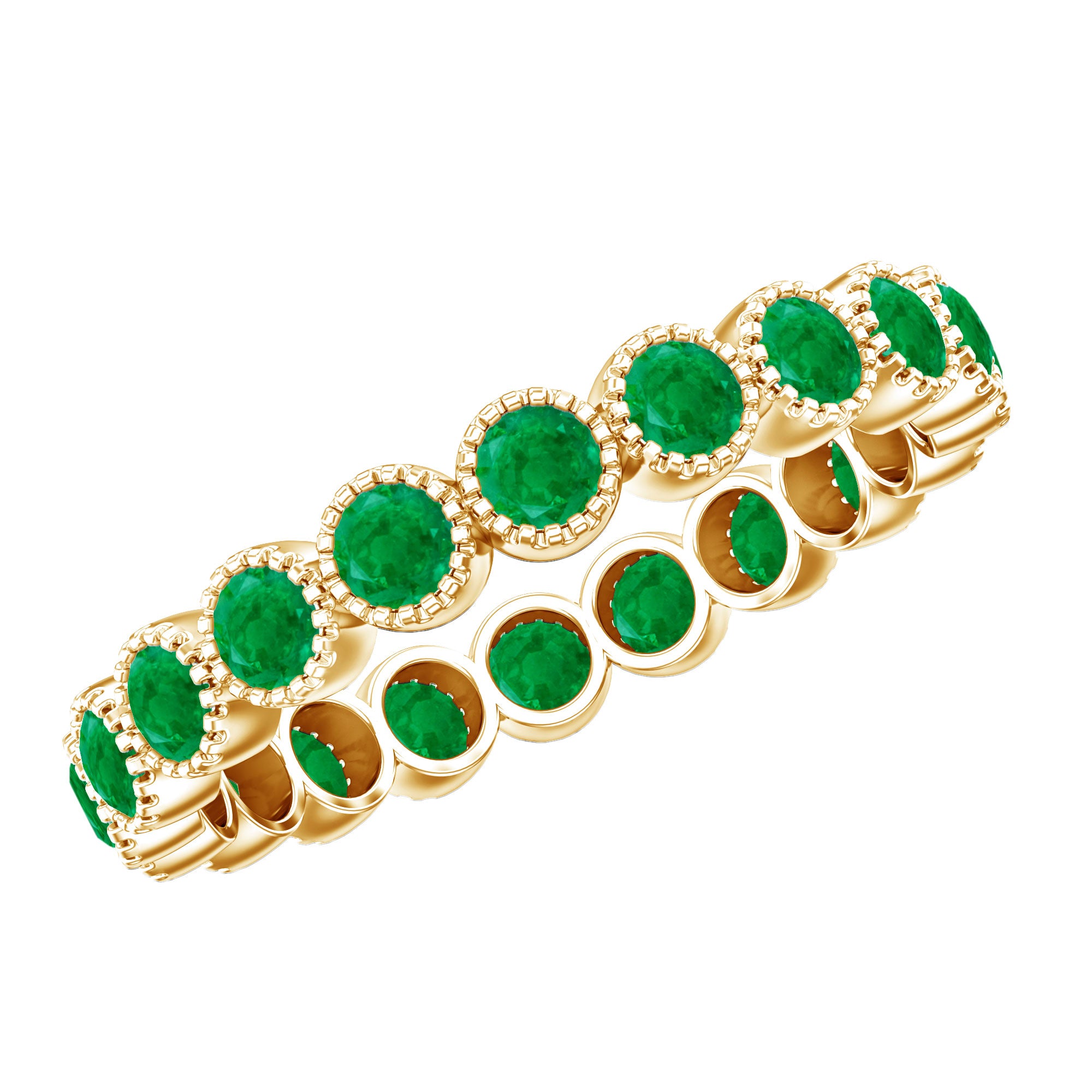 Milgrain Bezel Set Round Emerald Eternity Wedding Band AAA - Rosec Jewels