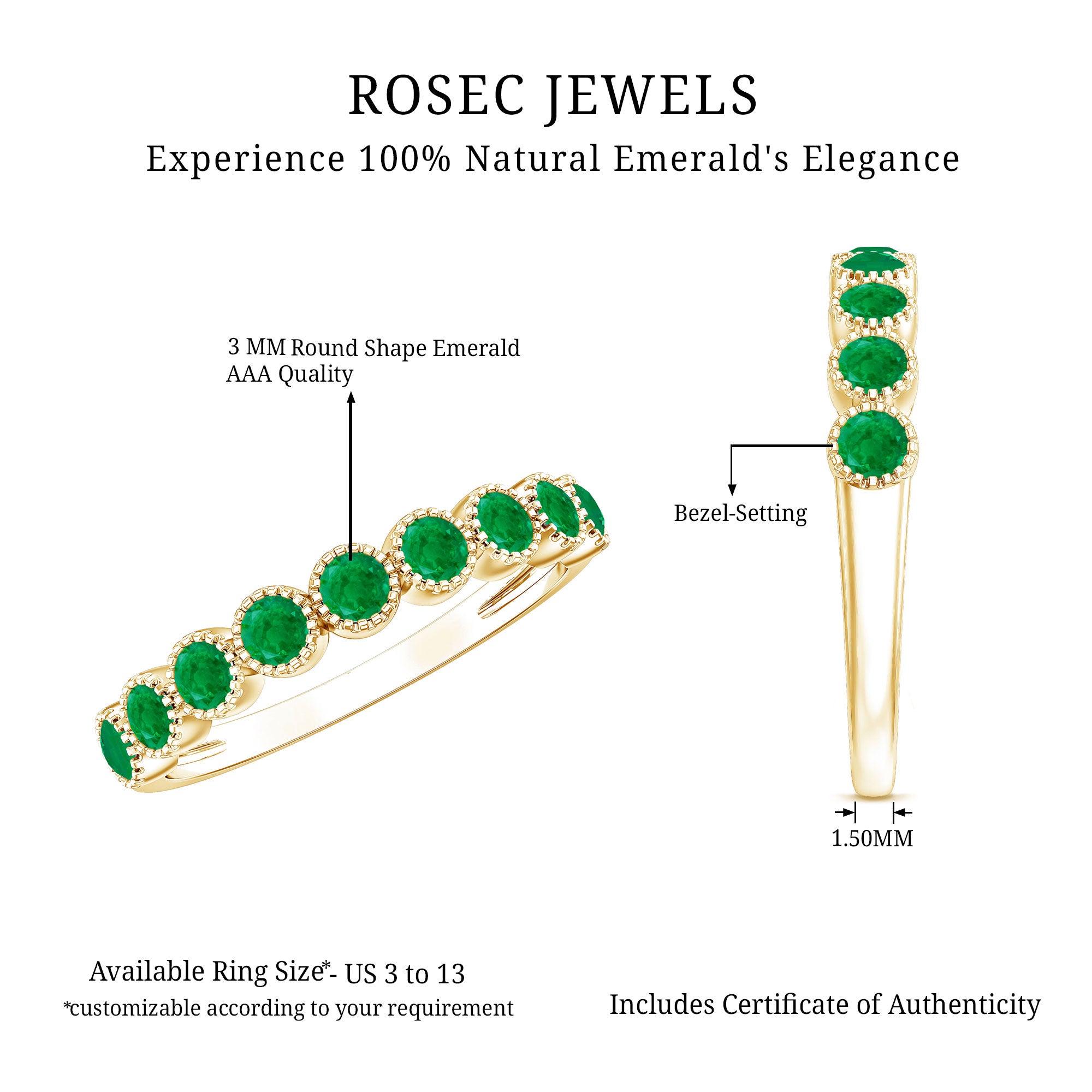 Milgrain Bezel Set Round Emerald Eternity Wedding Band AAA - Rosec Jewels
