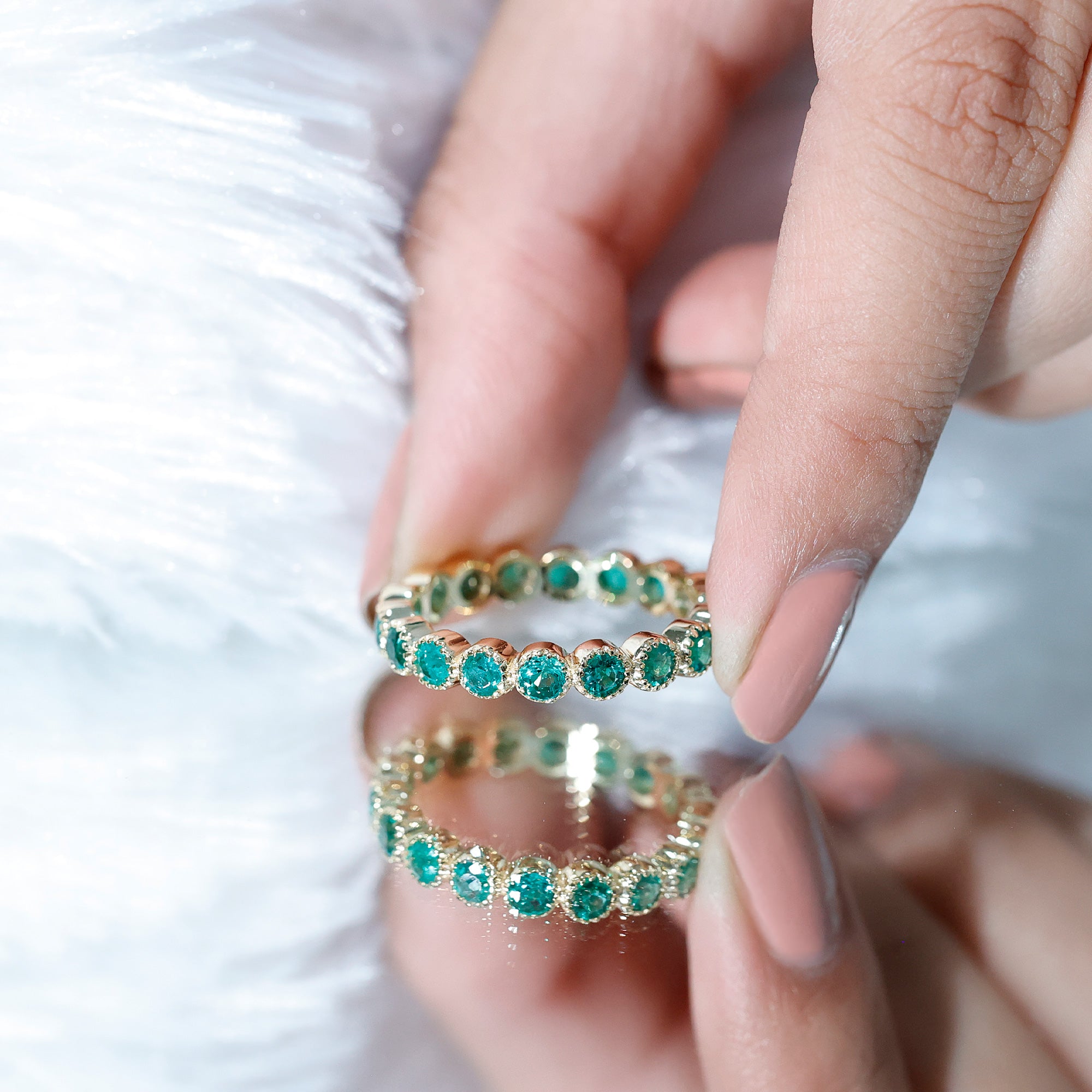 Milgrain Bezel Set Round Emerald Eternity Wedding Band AAA - Rosec Jewels