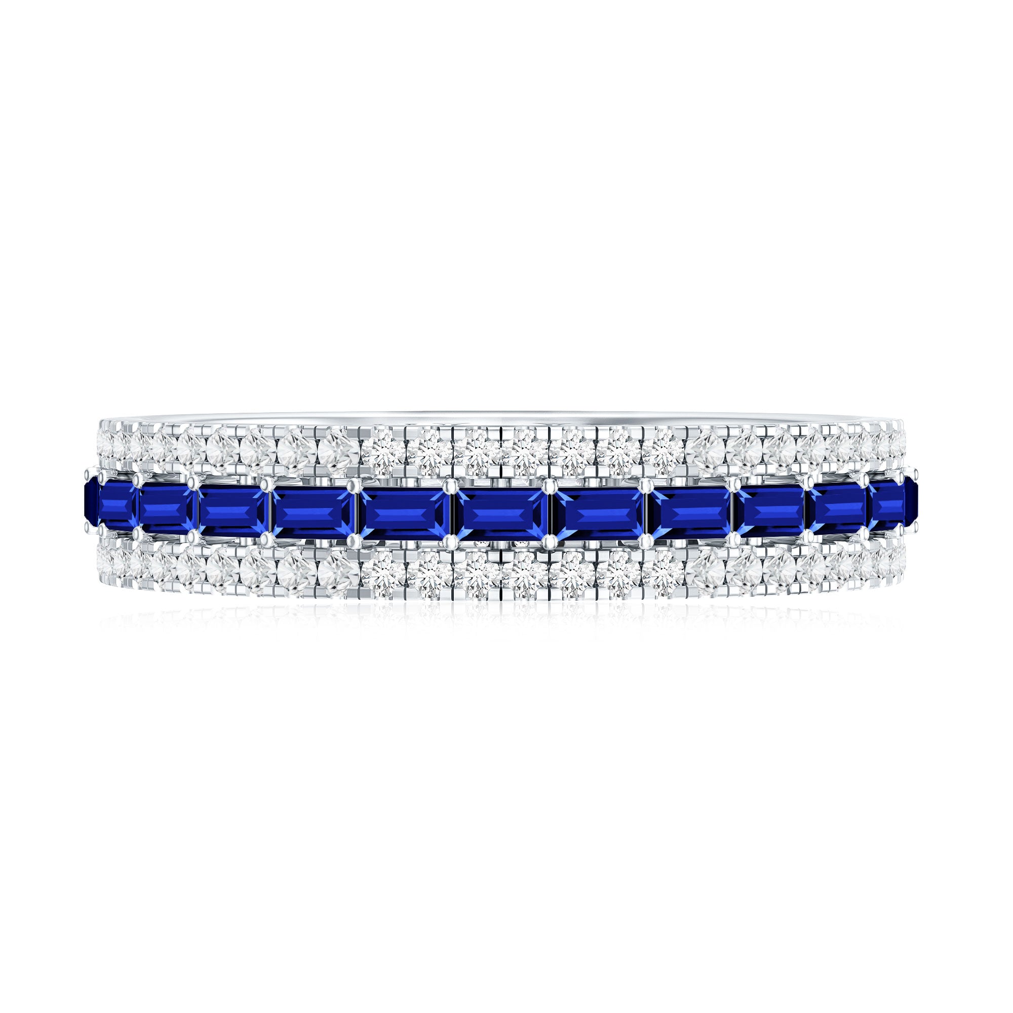 Baguette Cut Lab Grown Blue Sapphire and Moissanite Wedding Band AAAA - Rosec Jewels