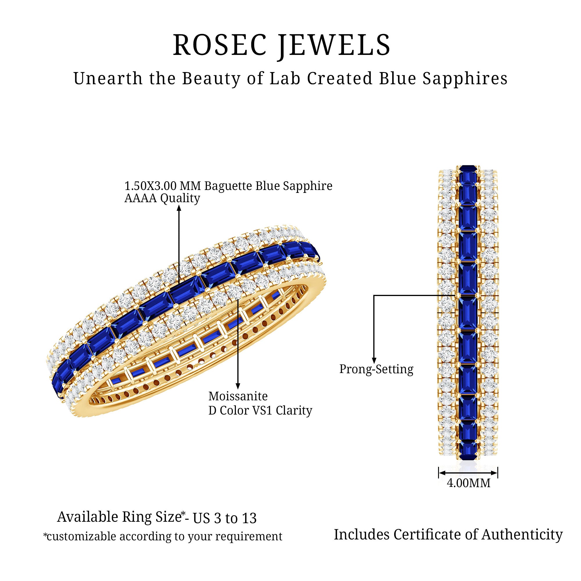 Baguette Cut Lab Grown Blue Sapphire and Moissanite Wedding Band AAAA - Rosec Jewels