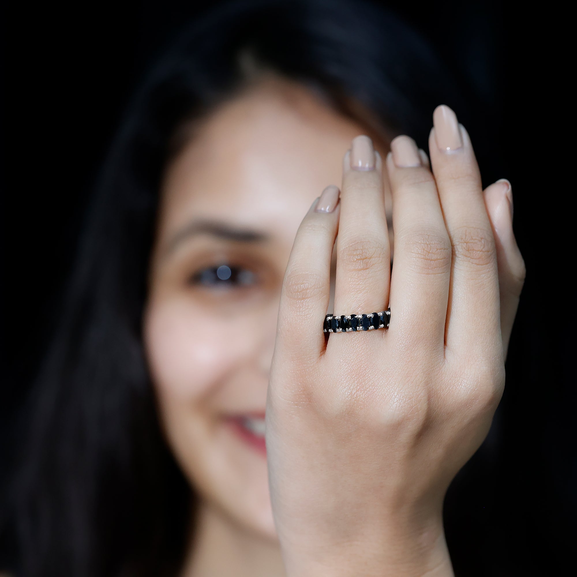 Rosec Jewels-Oval Shaped Black Onyx Wedding Band for Women