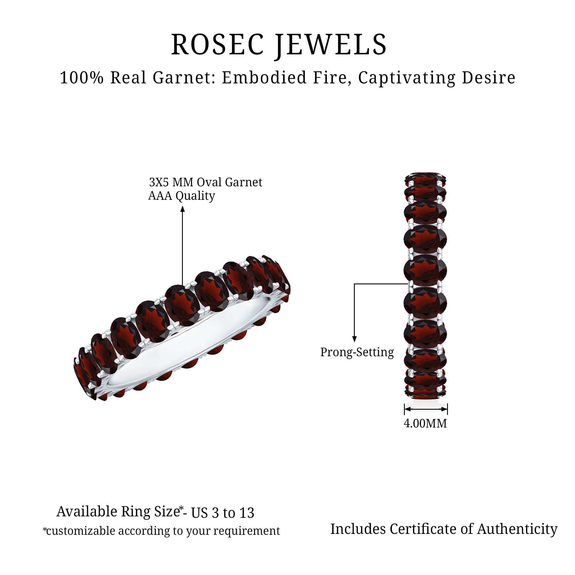 Certified Natural Oval Garnet Eternity Ring for Wedding AAA - Rosec Jewels