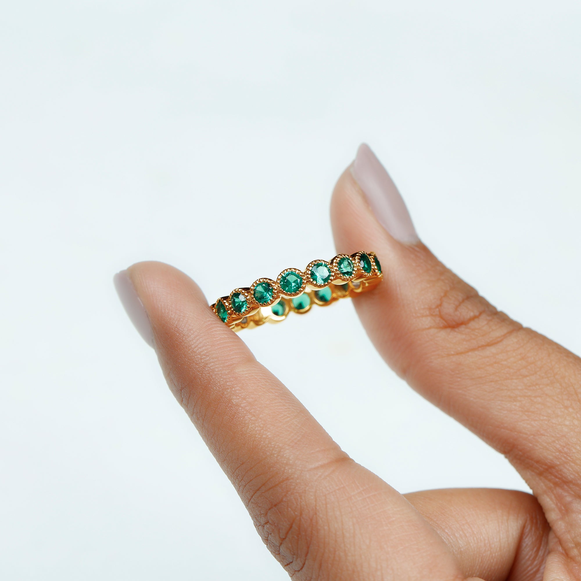 Certified Lab Created Emerald Full Eternity Band Ring in Bezel Setting AAAA - Rosec Jewels