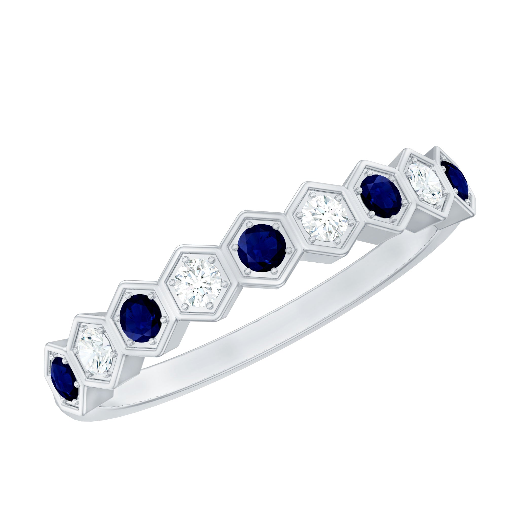Art Deco Inspired Blue Sapphire and Diamond Geometric Half Eternity Ring AAA - Rosec Jewels