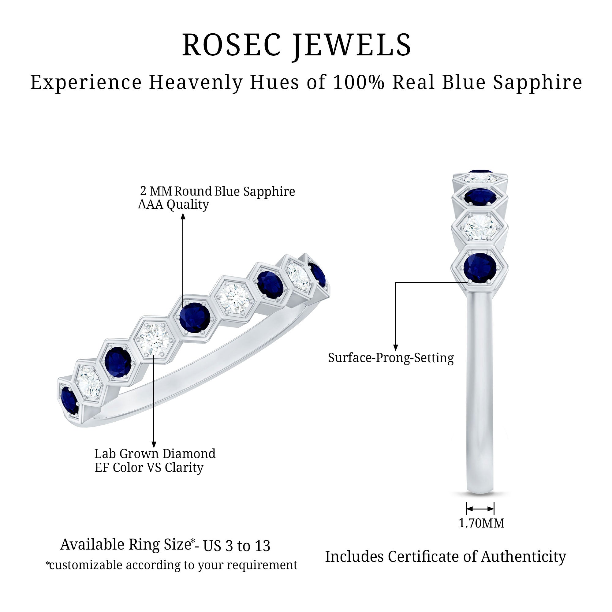 Art Deco Inspired Blue Sapphire and Diamond Geometric Half Eternity Ring AAA - Rosec Jewels
