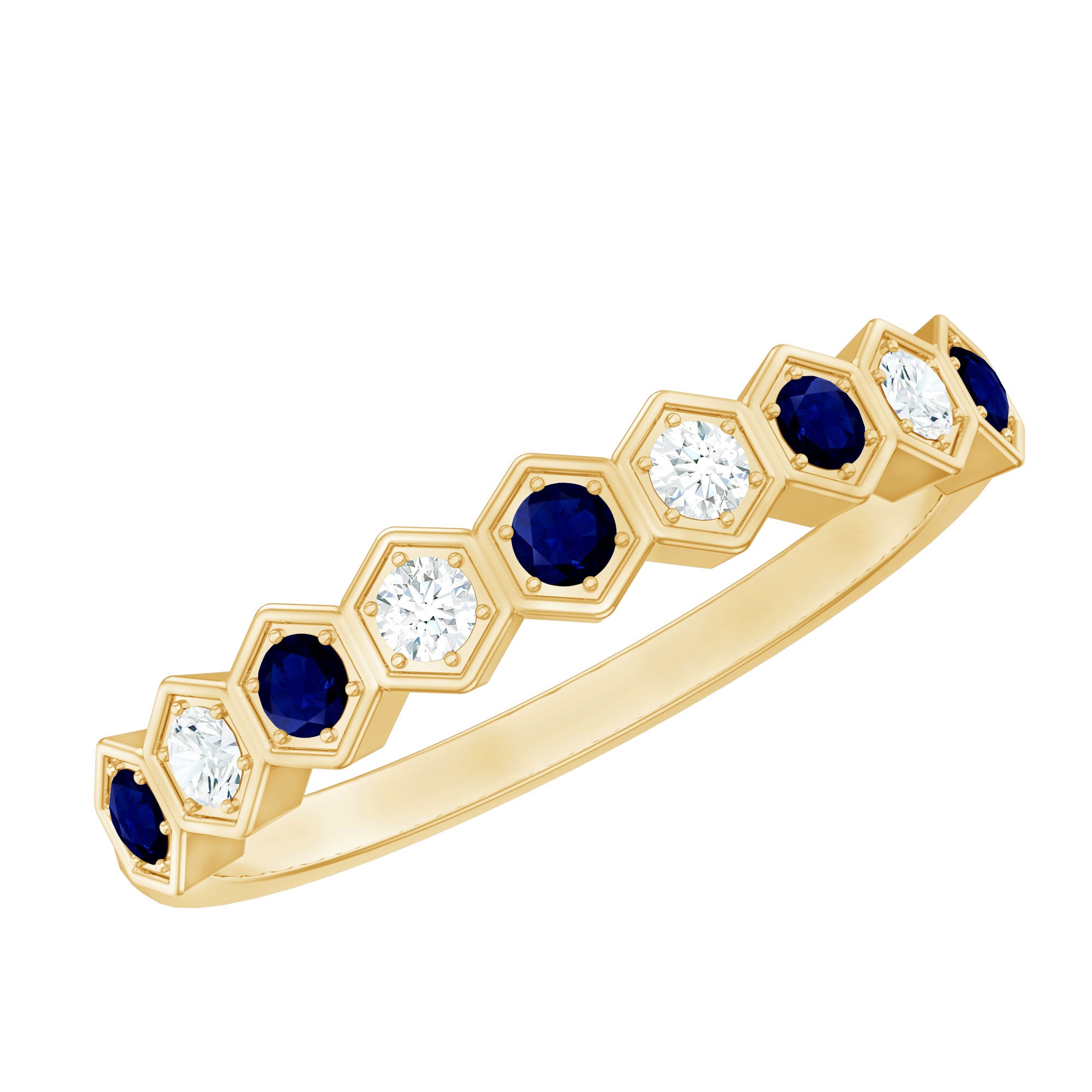 Art Deco Inspired Blue Sapphire and Diamond Geometric Half Eternity Ring AAA - Rosec Jewels