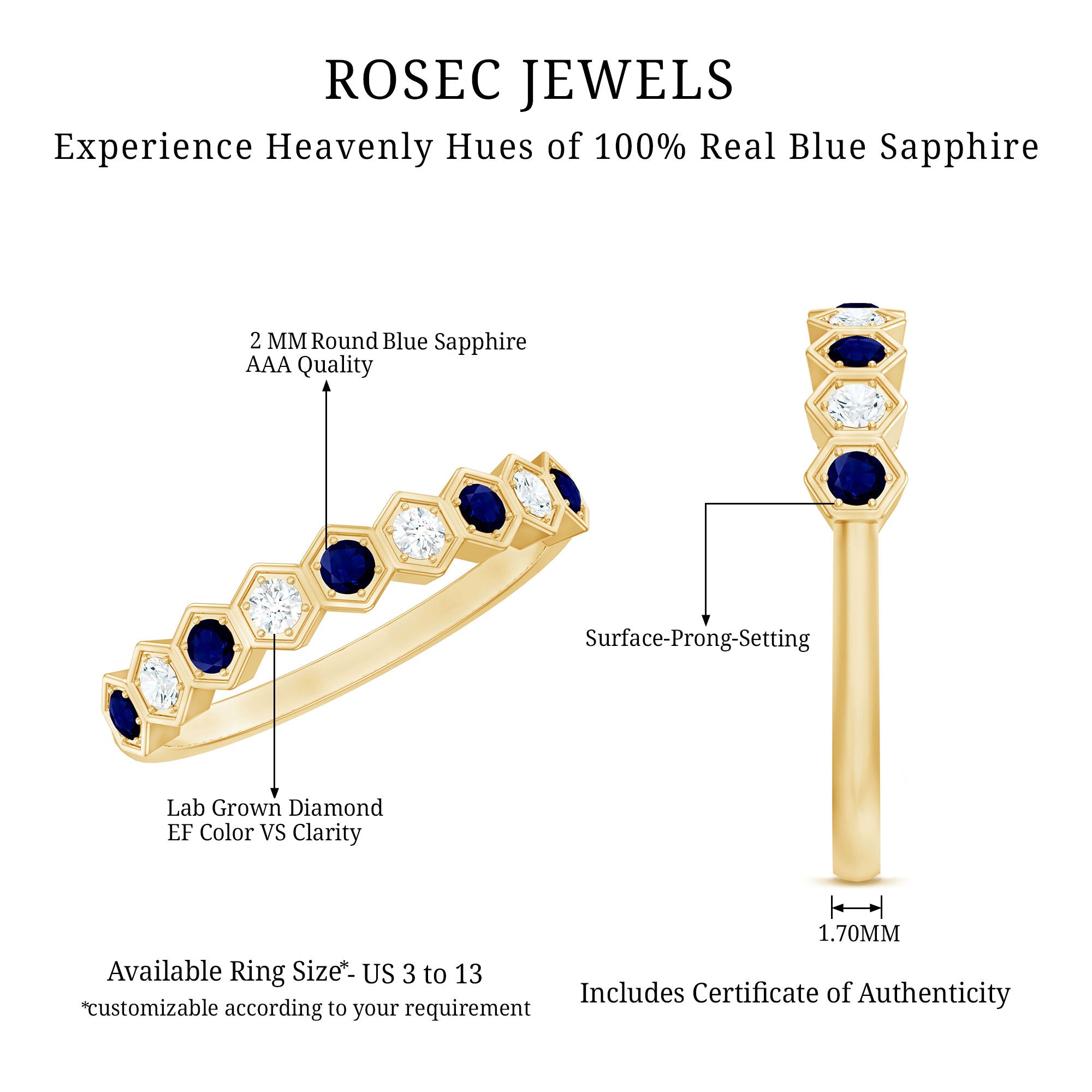 Art Deco Inspired Blue Sapphire and Diamond Geometric Half Eternity Ring AAA - Rosec Jewels