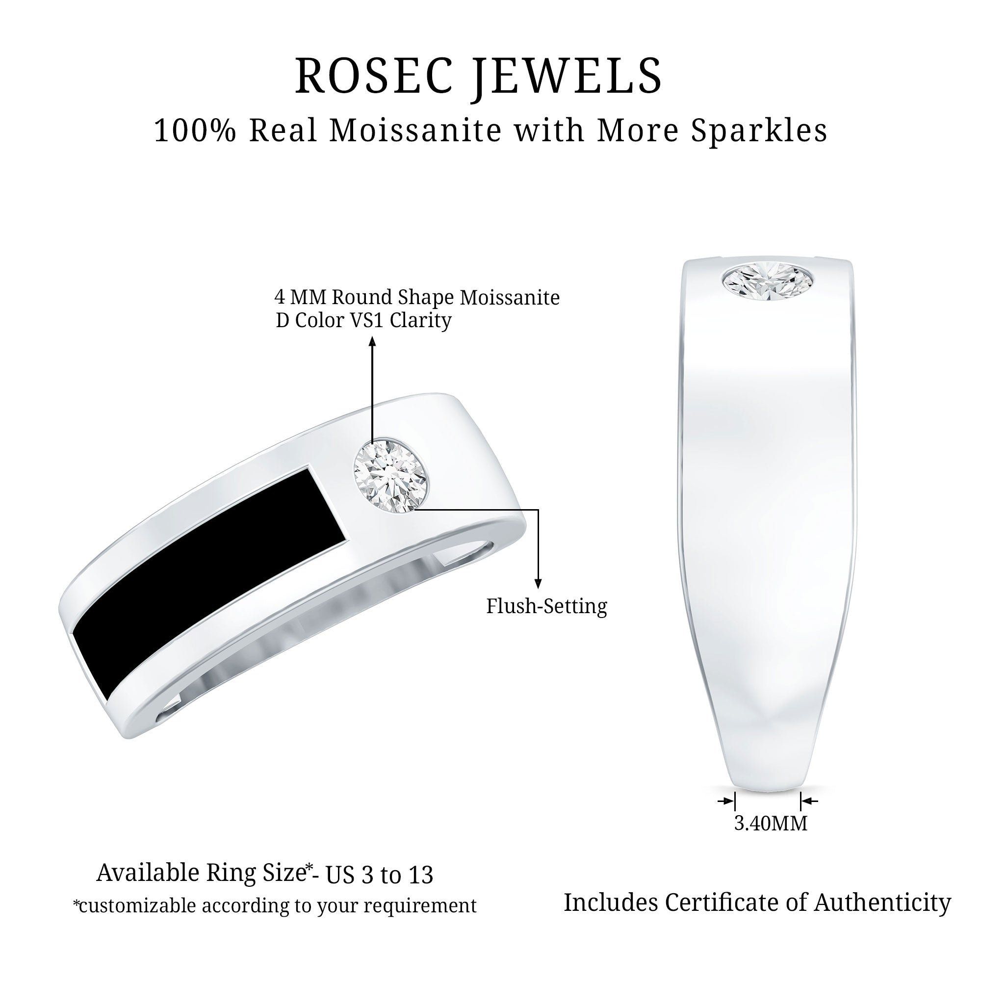 Classic Moissanite Mens Wedding Band with Black Enamel D-VS1 - Rosec Jewels