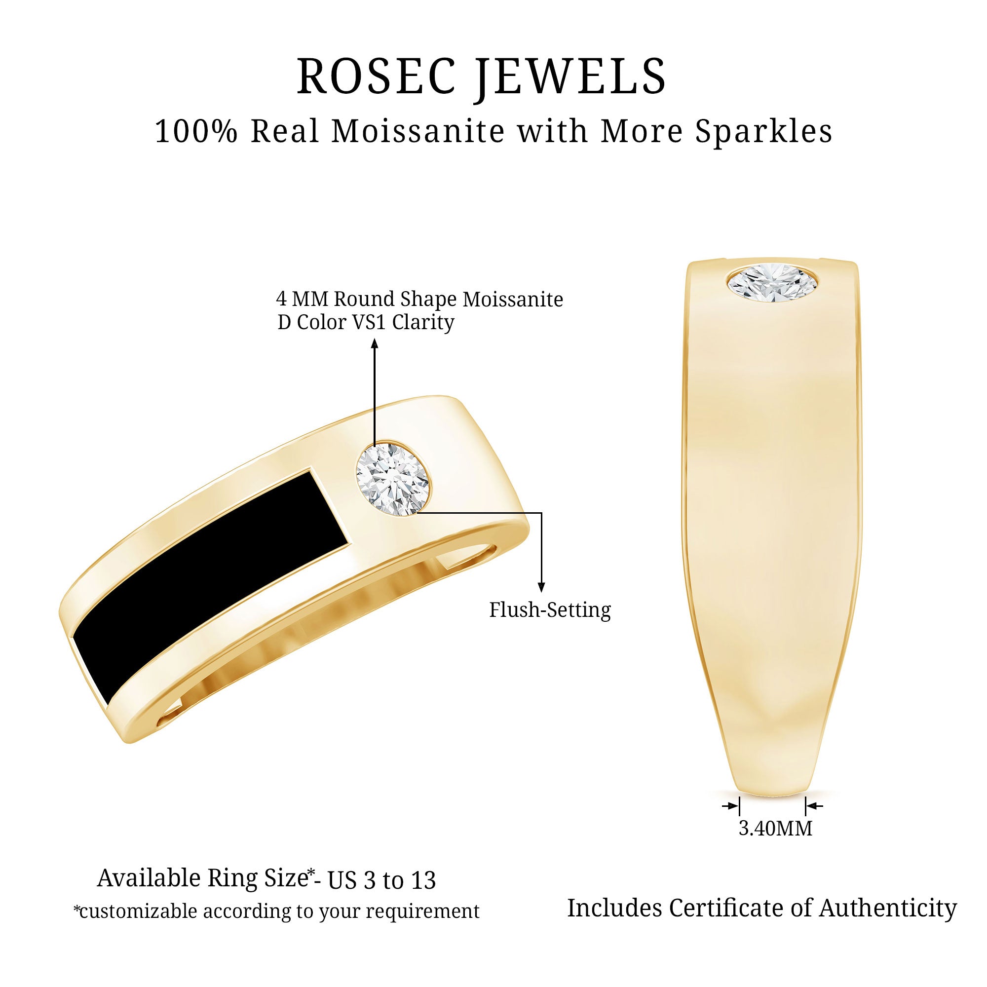 Classic Moissanite Mens Wedding Band with Black Enamel D-VS1 - Rosec Jewels