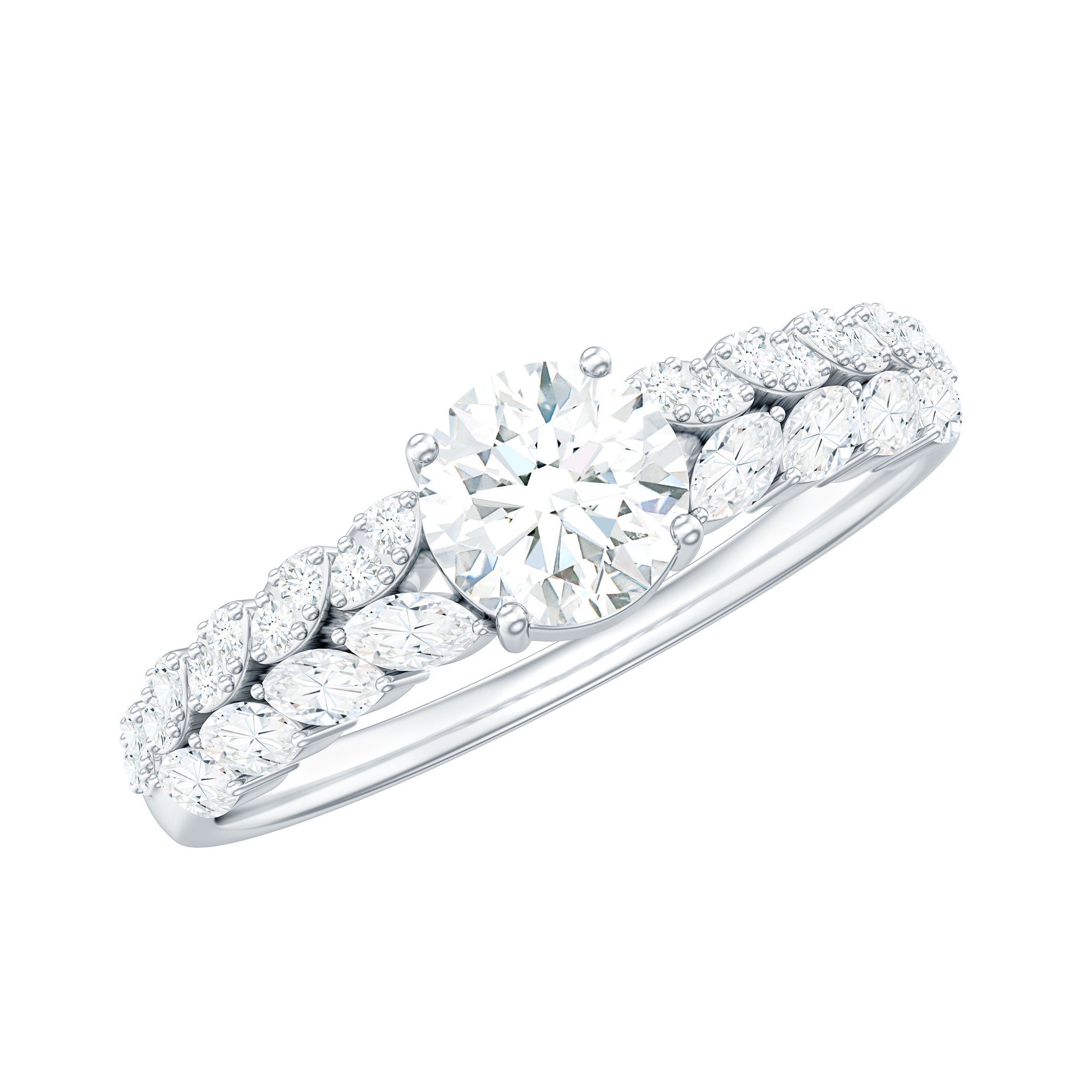 Round Shape Moissanite Engagement Ring with Marquise Side Stones D-VS1 - Rosec Jewels