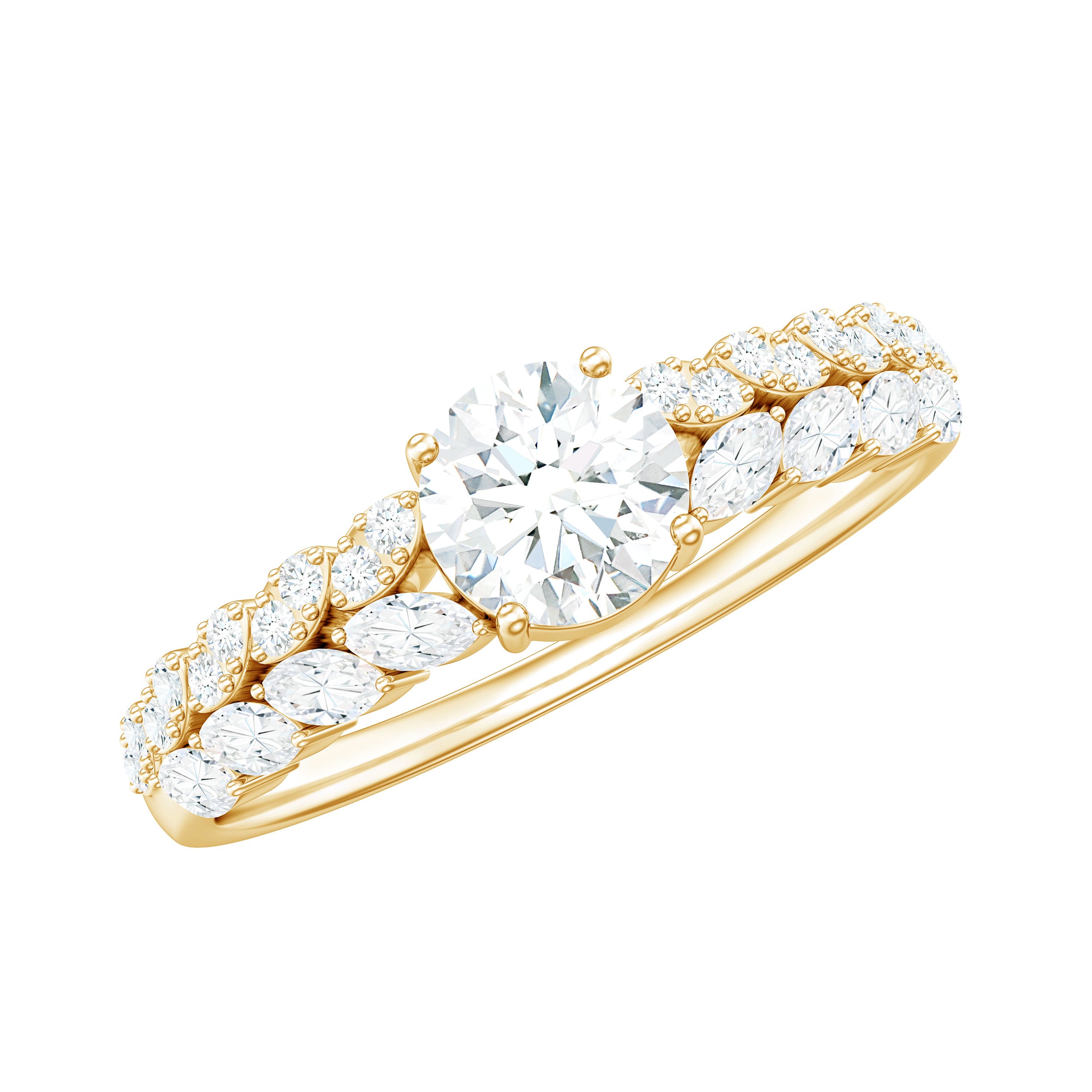 Round Shape Moissanite Engagement Ring with Marquise Side Stones D-VS1 - Rosec Jewels
