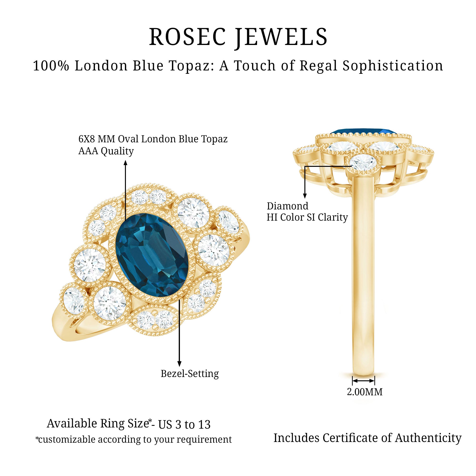 Real Oval London Blue Topaz Vintage Engagement Ring with Diamond AAA - Rosec Jewels
