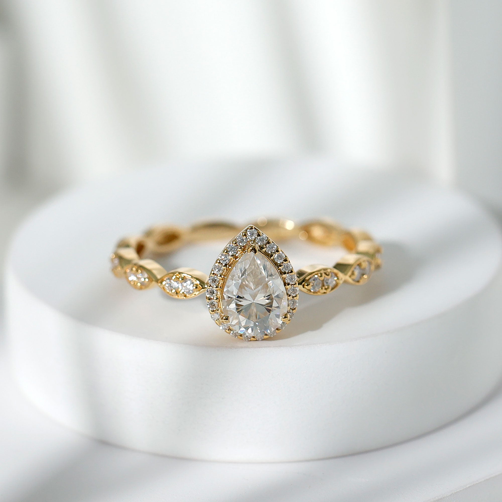 Rosec Jewels-Moissanite Teardrop Engagement Ring with Scalloped Shank