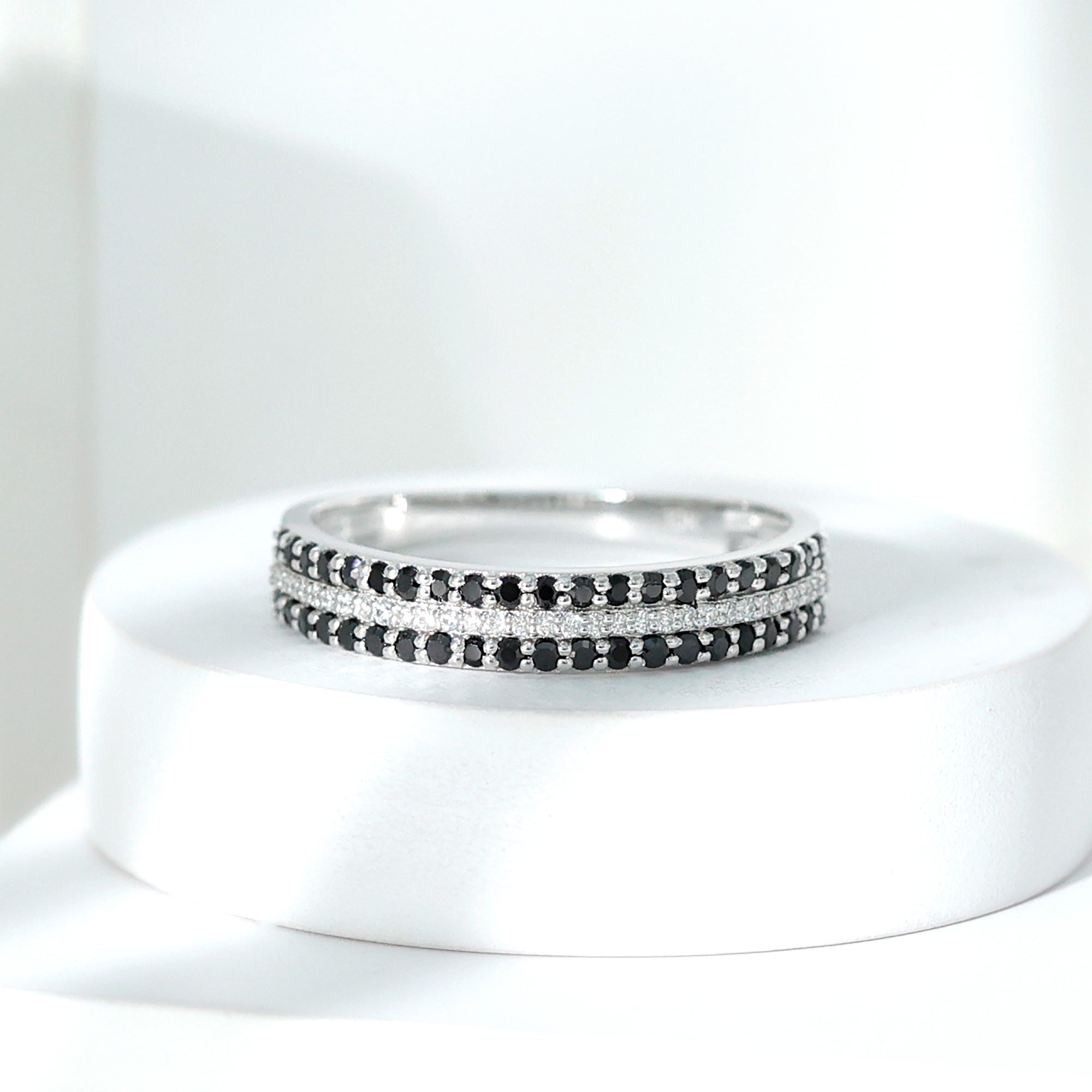 Certified Lab Grown Black and White Diamond Three Row Wedding Band AAAA ( Synthetic ) - Rosec Jewels
