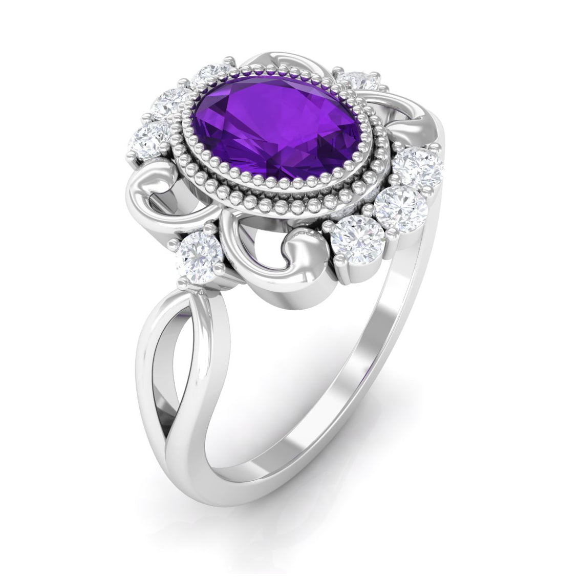 Vintage Inspired 1 Carat Amethyst Oval Engagement Ring with Diamond AAA - Rosec Jewels