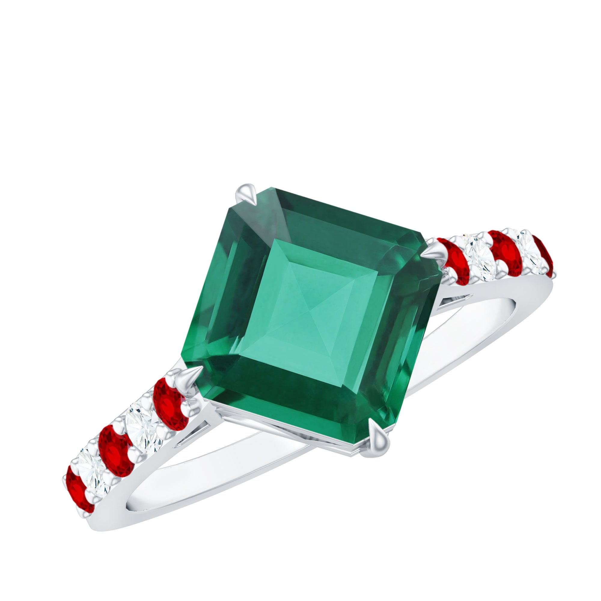 Lab Created Emerald Engagement Ring with Lab Created Ruby and Moissanite
