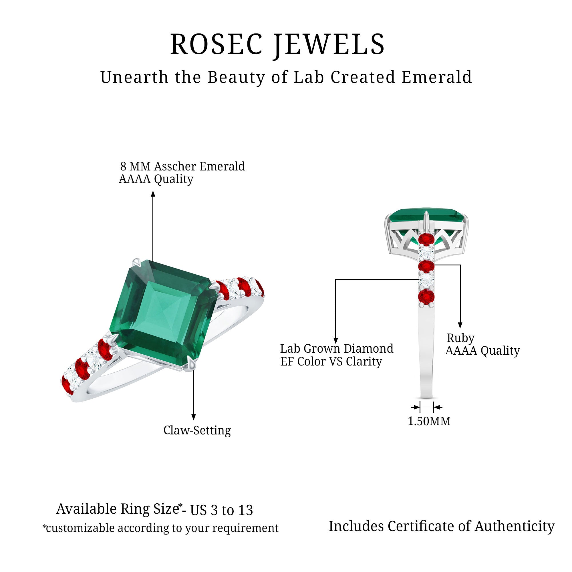 6 Carat Lab Created Emerald Engagement Ring with Lab Ruby and Diamond AAAA - Rosec Jewels