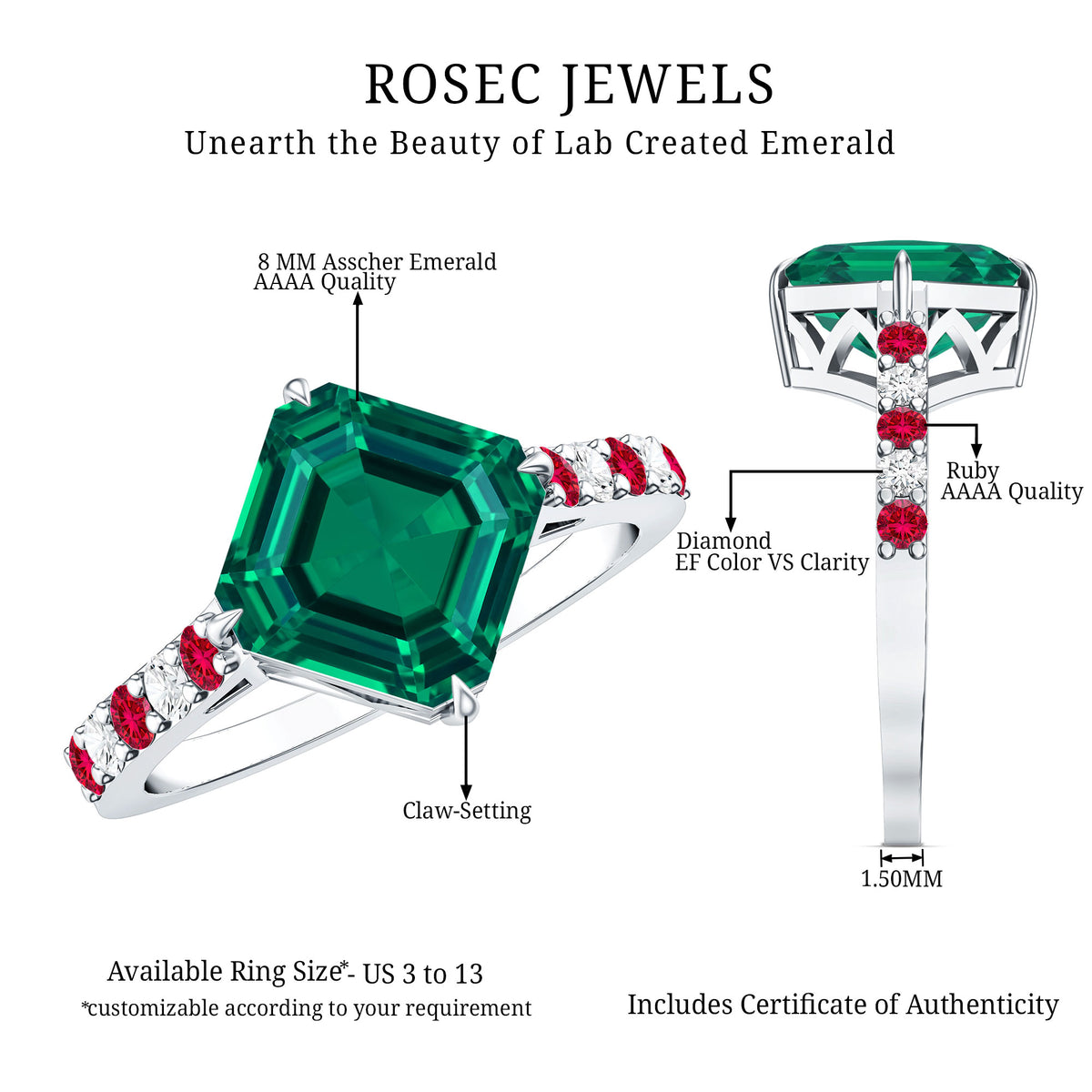 6 Carat Lab Created Emerald Engagement Ring with Lab Ruby and Diamond AAAA - Rosec Jewels