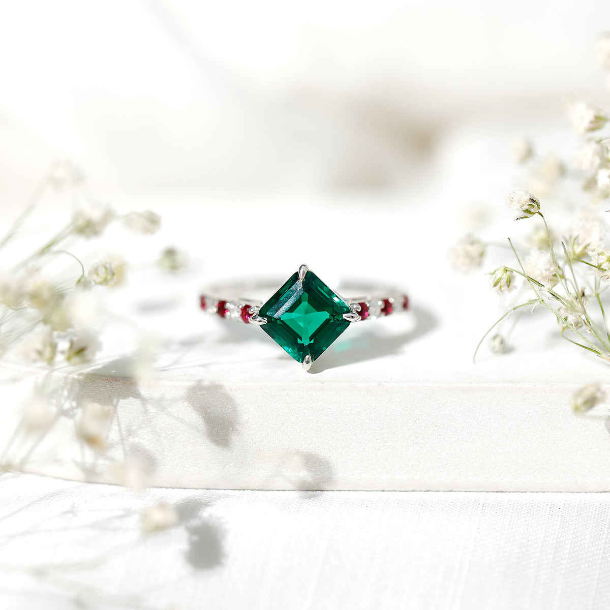 6 Carat Lab Created Emerald Engagement Ring with Lab Ruby and Diamond AAAA - Rosec Jewels