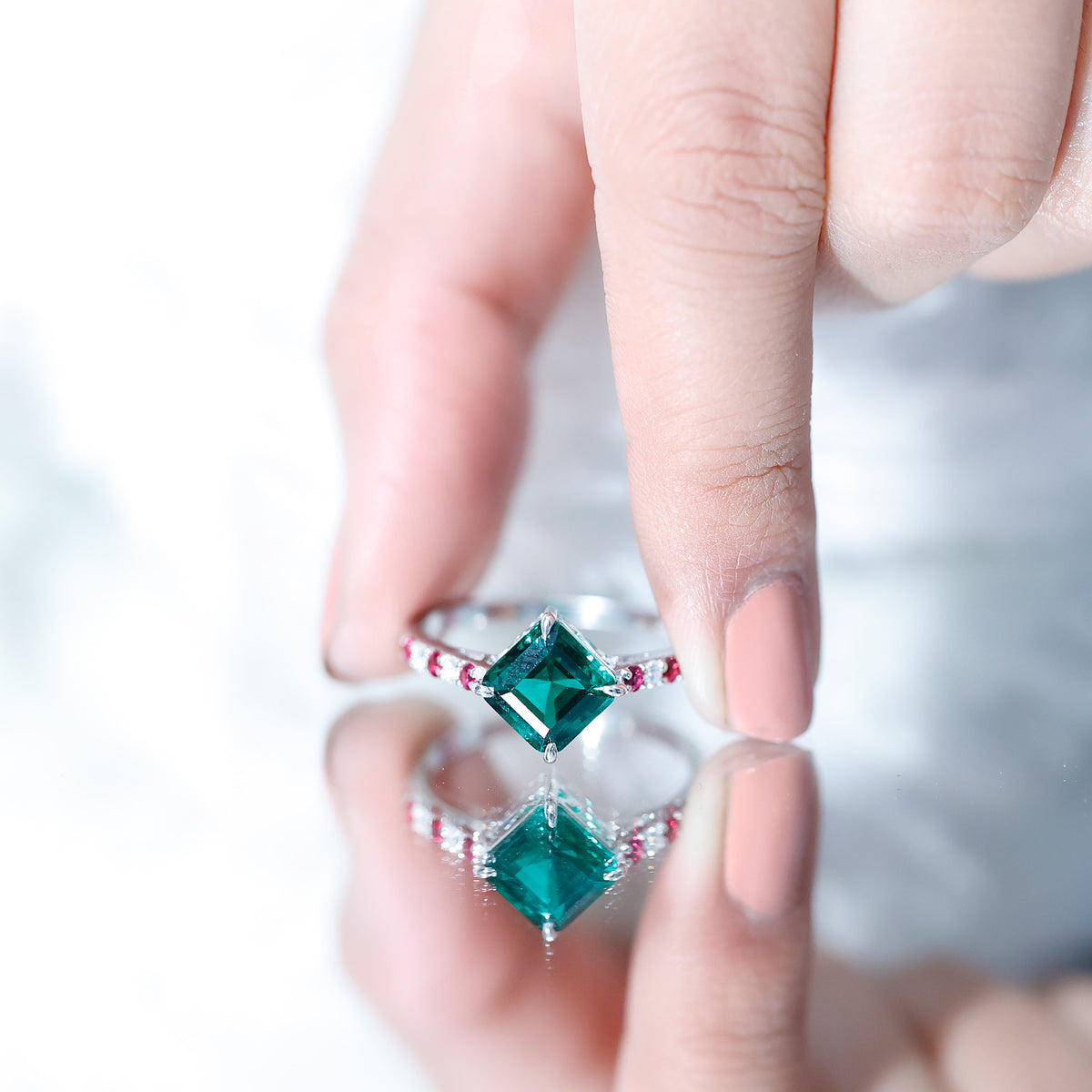 6 Carat Lab Created Emerald Engagement Ring with Lab Ruby and Diamond AAAA - Rosec Jewels