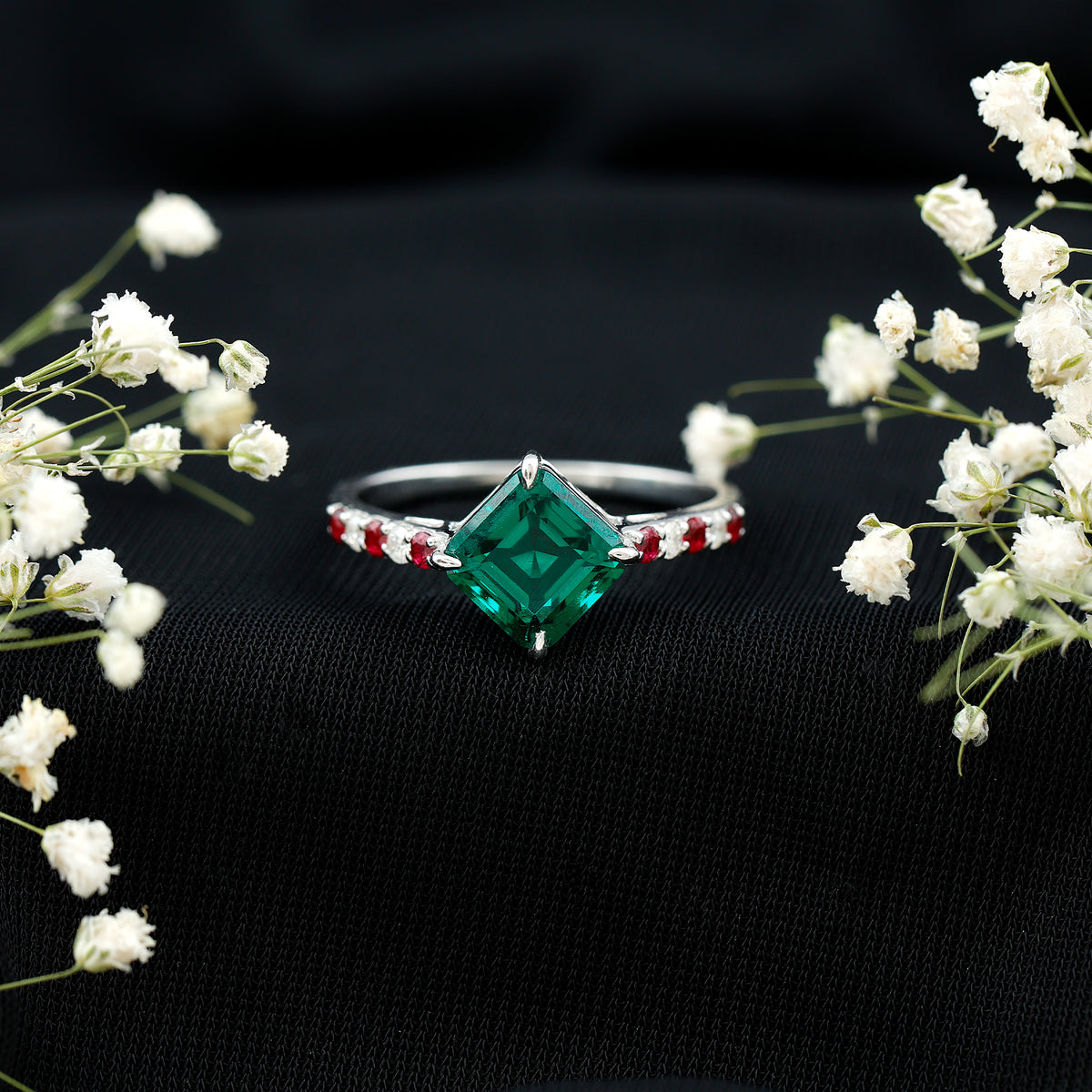 6 Carat Lab Created Emerald Engagement Ring with Lab Ruby and Diamond AAAA - Rosec Jewels
