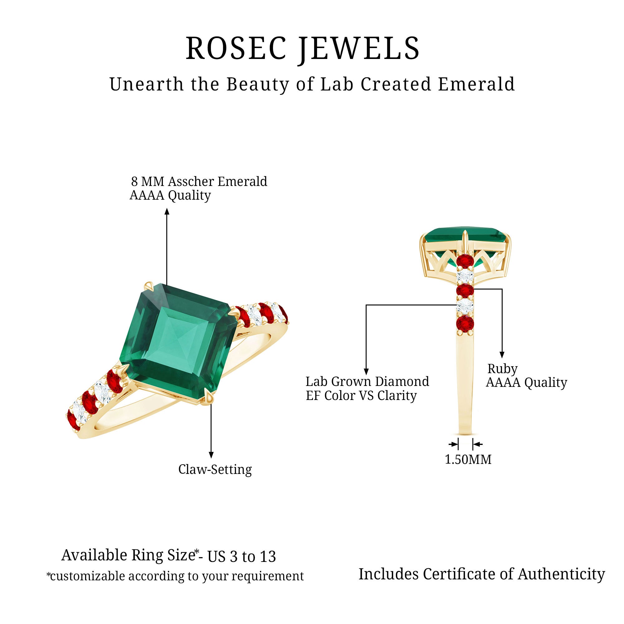 6 Carat Lab Created Emerald Engagement Ring with Lab Ruby and Diamond AAAA - Rosec Jewels