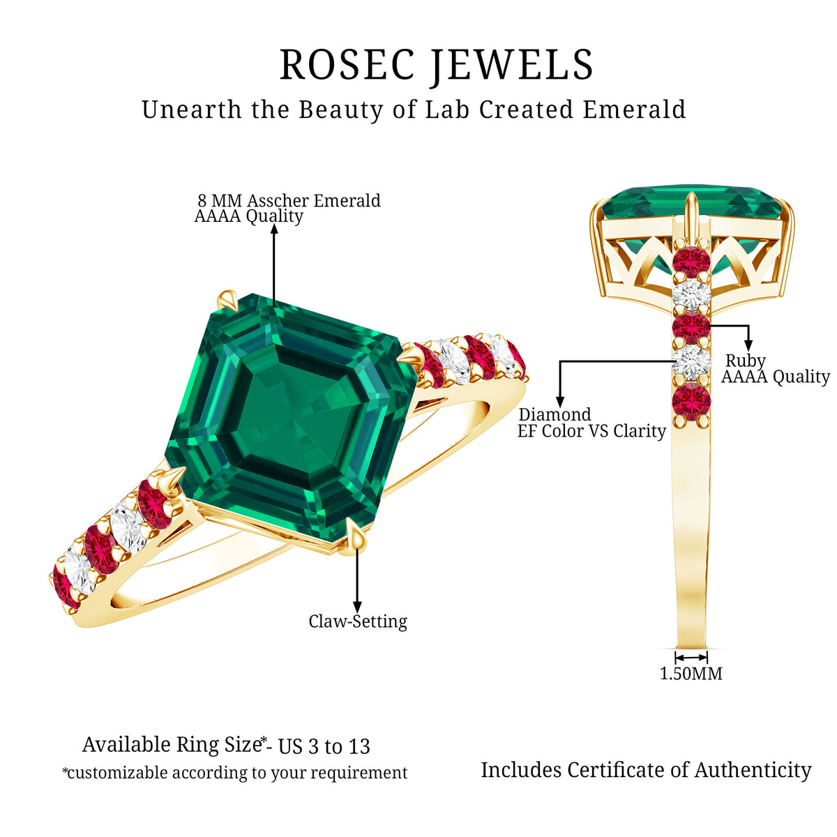 6 Carat Lab Created Emerald Engagement Ring with Lab Ruby and Diamond AAAA - Rosec Jewels