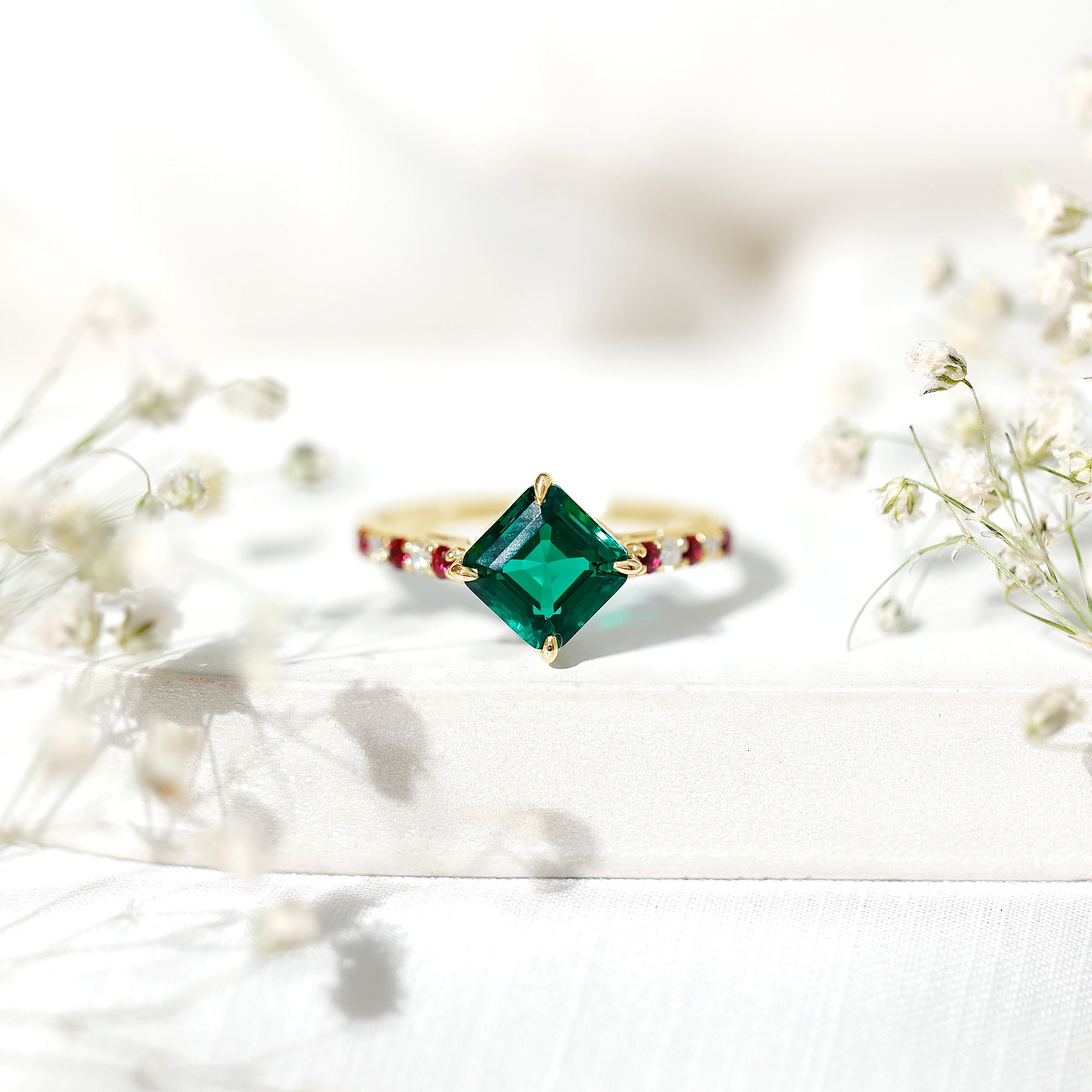 6 Carat Lab Created Emerald Engagement Ring with Lab Ruby and Diamond AAAA - Rosec Jewels