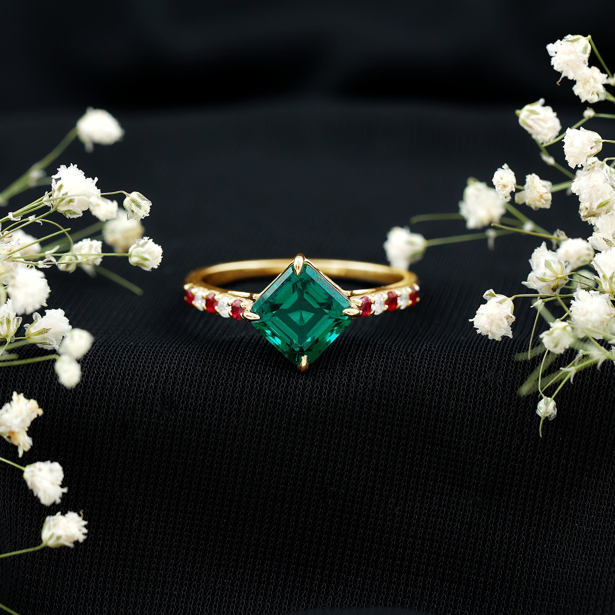 6 Carat Lab Created Emerald Engagement Ring with Lab Ruby and Diamond AAAA - Rosec Jewels