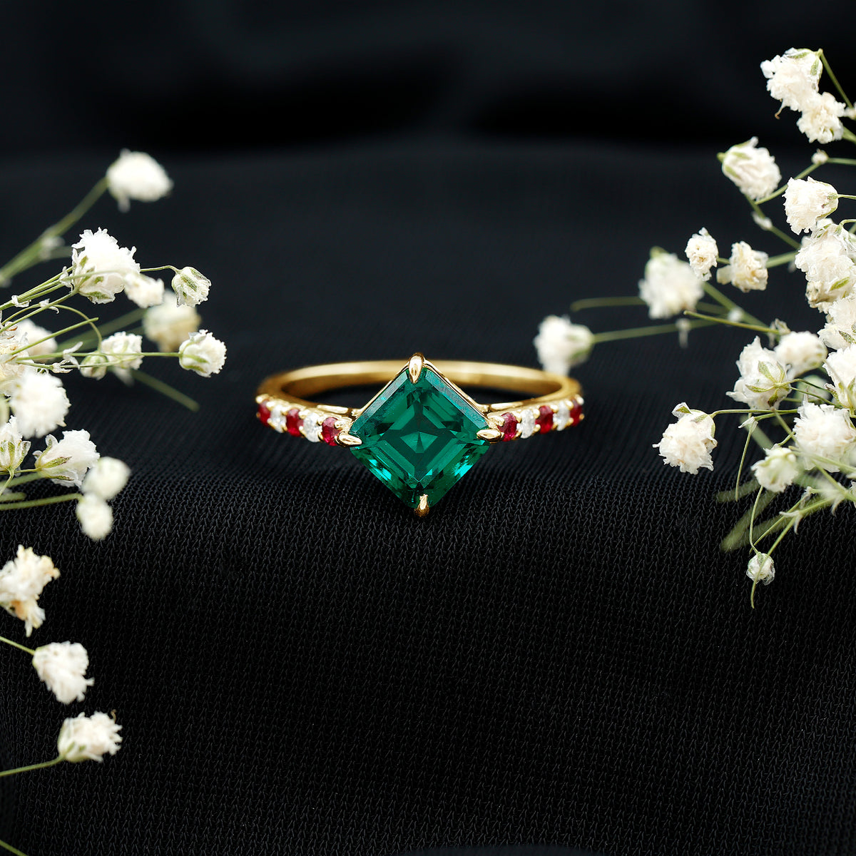 6 Carat Lab Created Emerald Engagement Ring with Lab Ruby and Diamond AAAA - Rosec Jewels