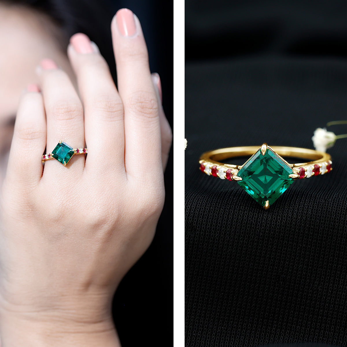 6 Carat Lab Created Emerald Engagement Ring with Lab Ruby and Diamond AAAA - Rosec Jewels