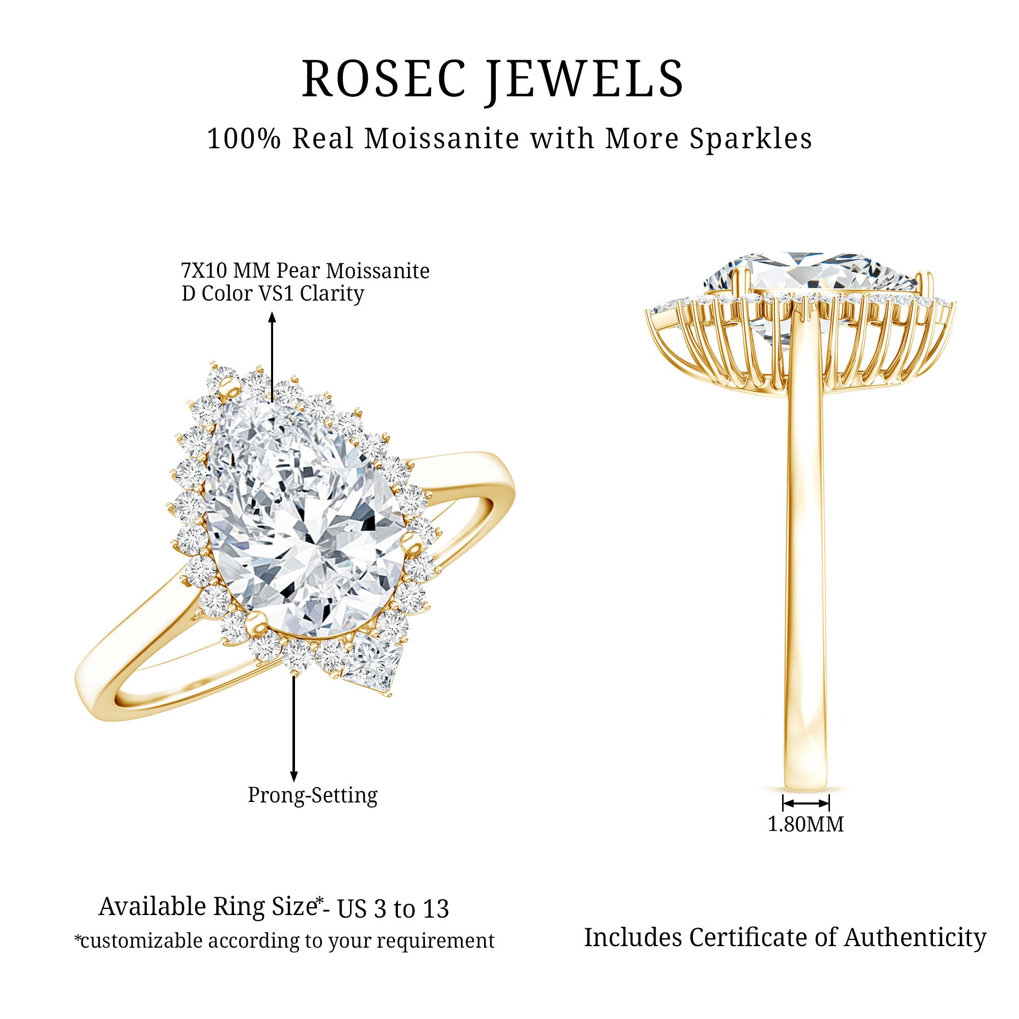 Pear Shape Moissanite Huge Engagement Ring with Halo D-VS1 - Rosec Jewels