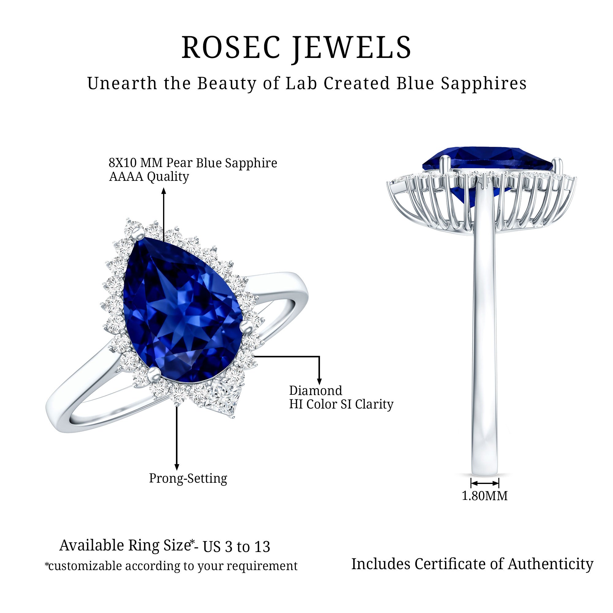 Certified 3 Carat Lab Grown Blue Sapphire Pear Shaped Engagement Ring with Diamond Halo AAAA - Rosec Jewels