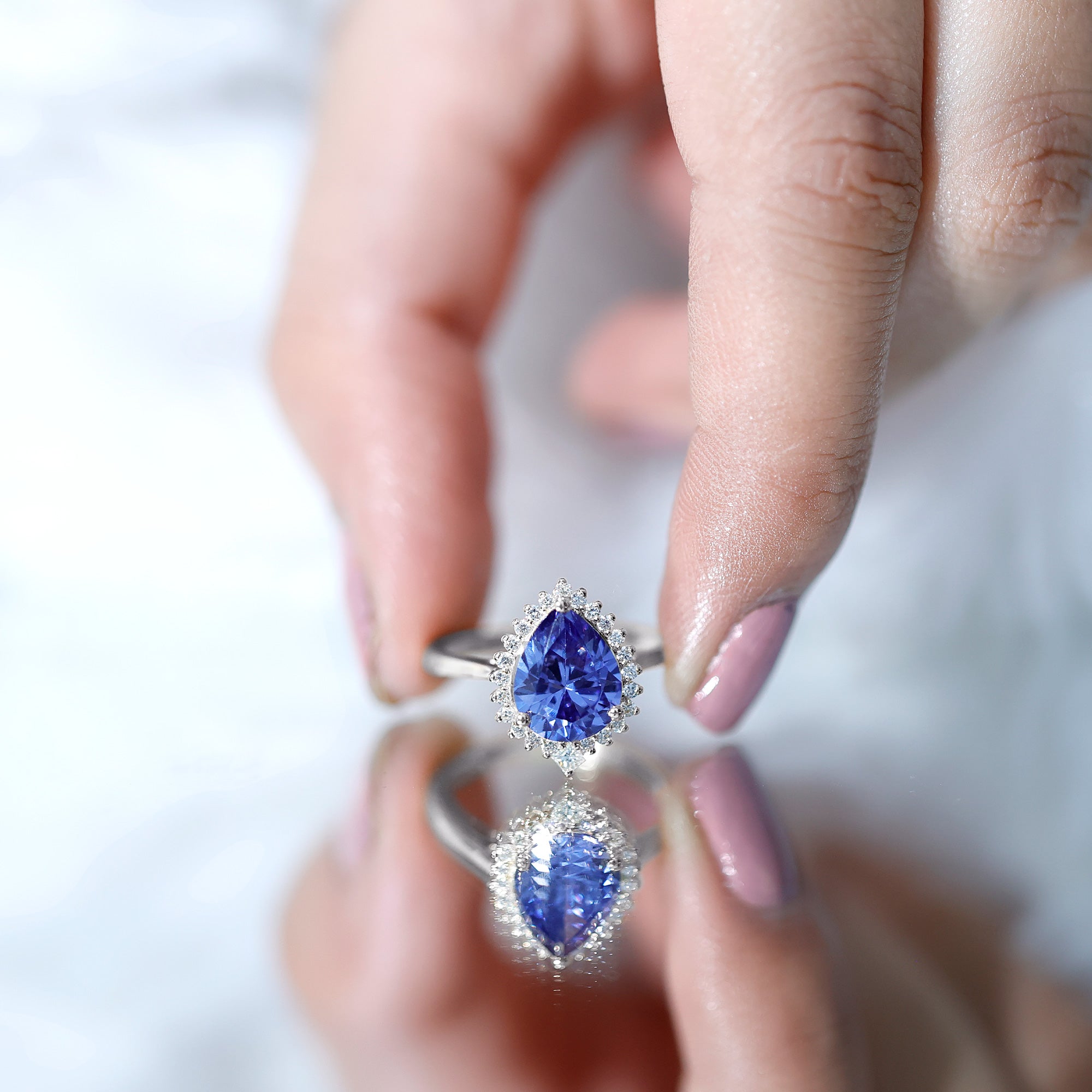 Certified 3 Carat Lab Grown Blue Sapphire Pear Shaped Engagement Ring with Diamond Halo AAAA - Rosec Jewels