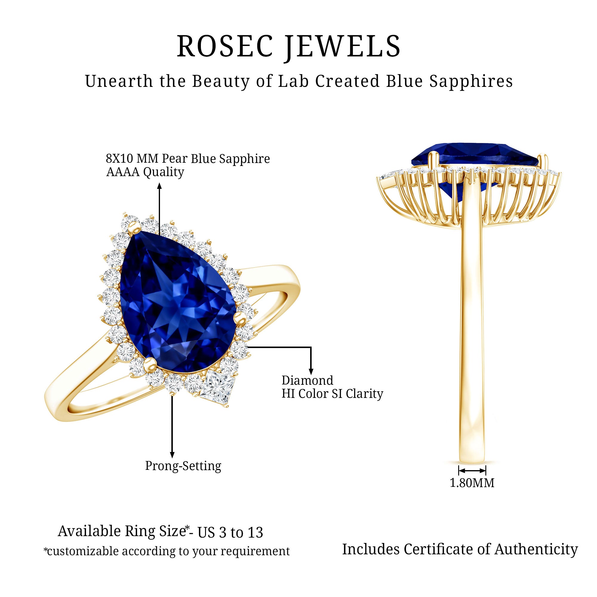Certified 3 Carat Lab Grown Blue Sapphire Pear Shaped Engagement Ring with Diamond Halo AAAA - Rosec Jewels