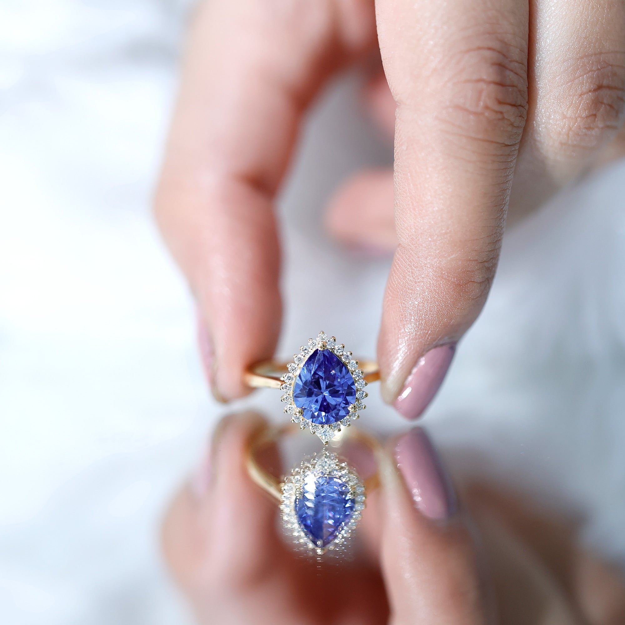Certified 3 Carat Lab Grown Blue Sapphire Pear Shaped Engagement Ring with Diamond Halo AAAA - Rosec Jewels