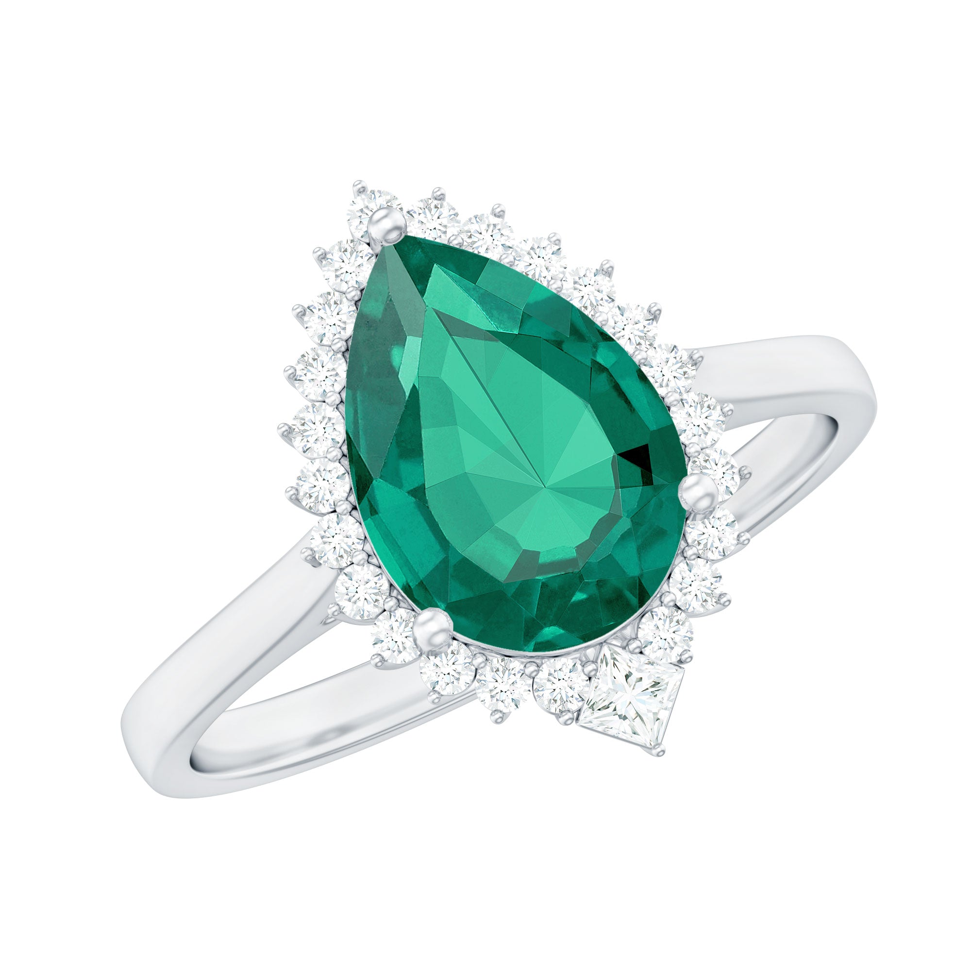 Certified 7X10 mm Lab Grown Emerald Teardrop Engagement Ring with Diamond Halo